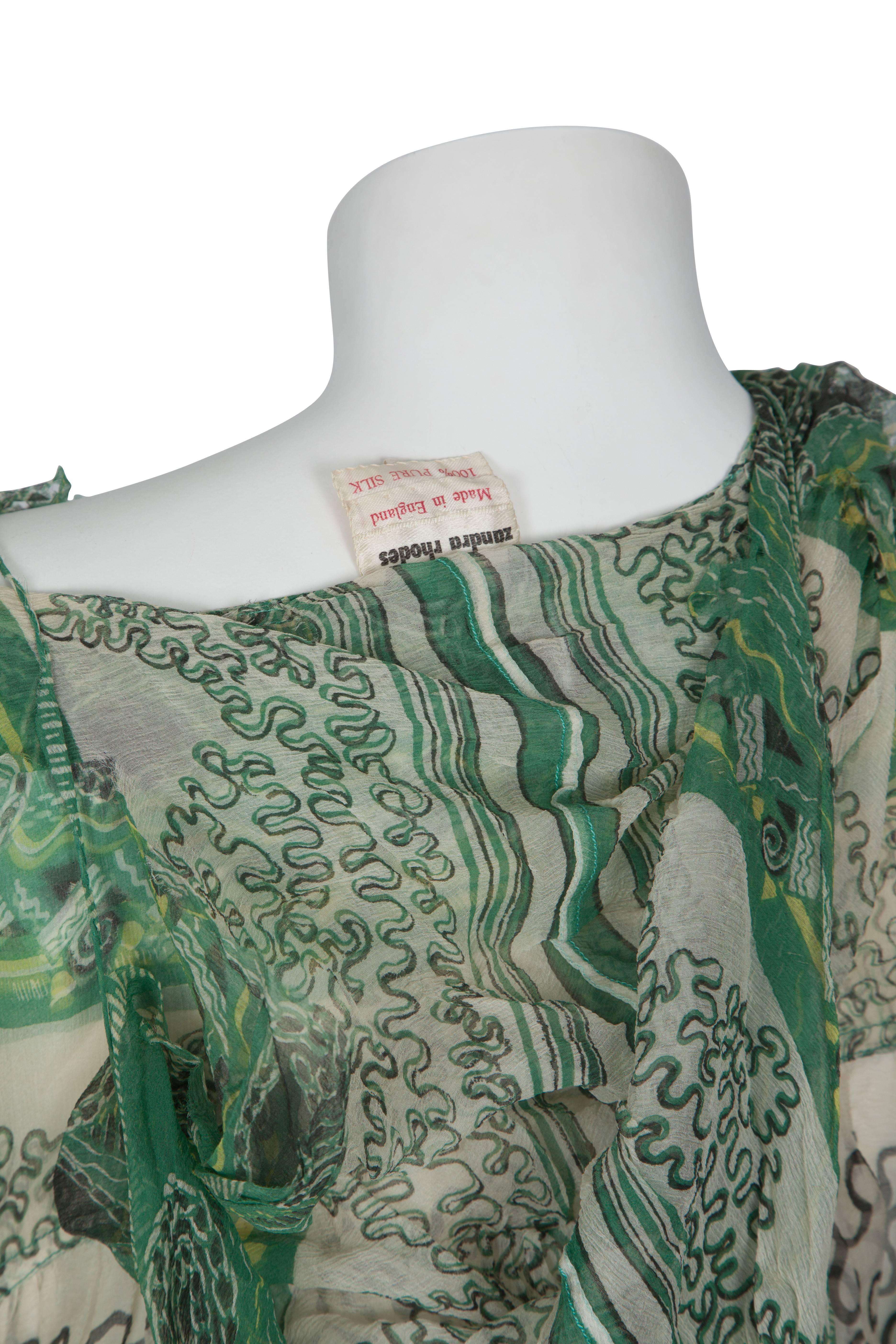 Rare 1969 Zandra Rhodes Ivory and Green Silk Tunic - Sold As Is For Sale 2