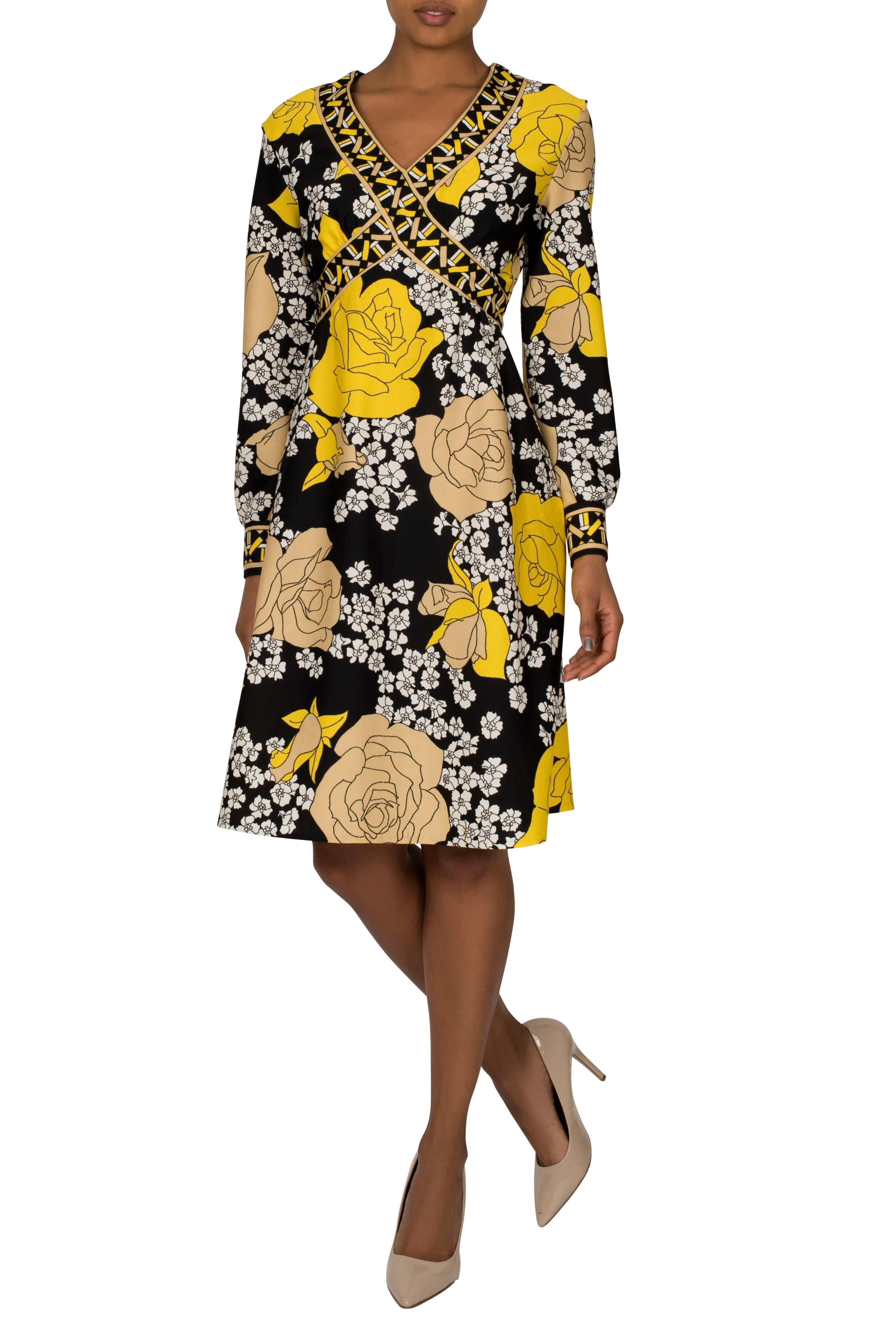 Beige 1970's Yellow & Black Floral Dress with Geometric Frieze For Sale