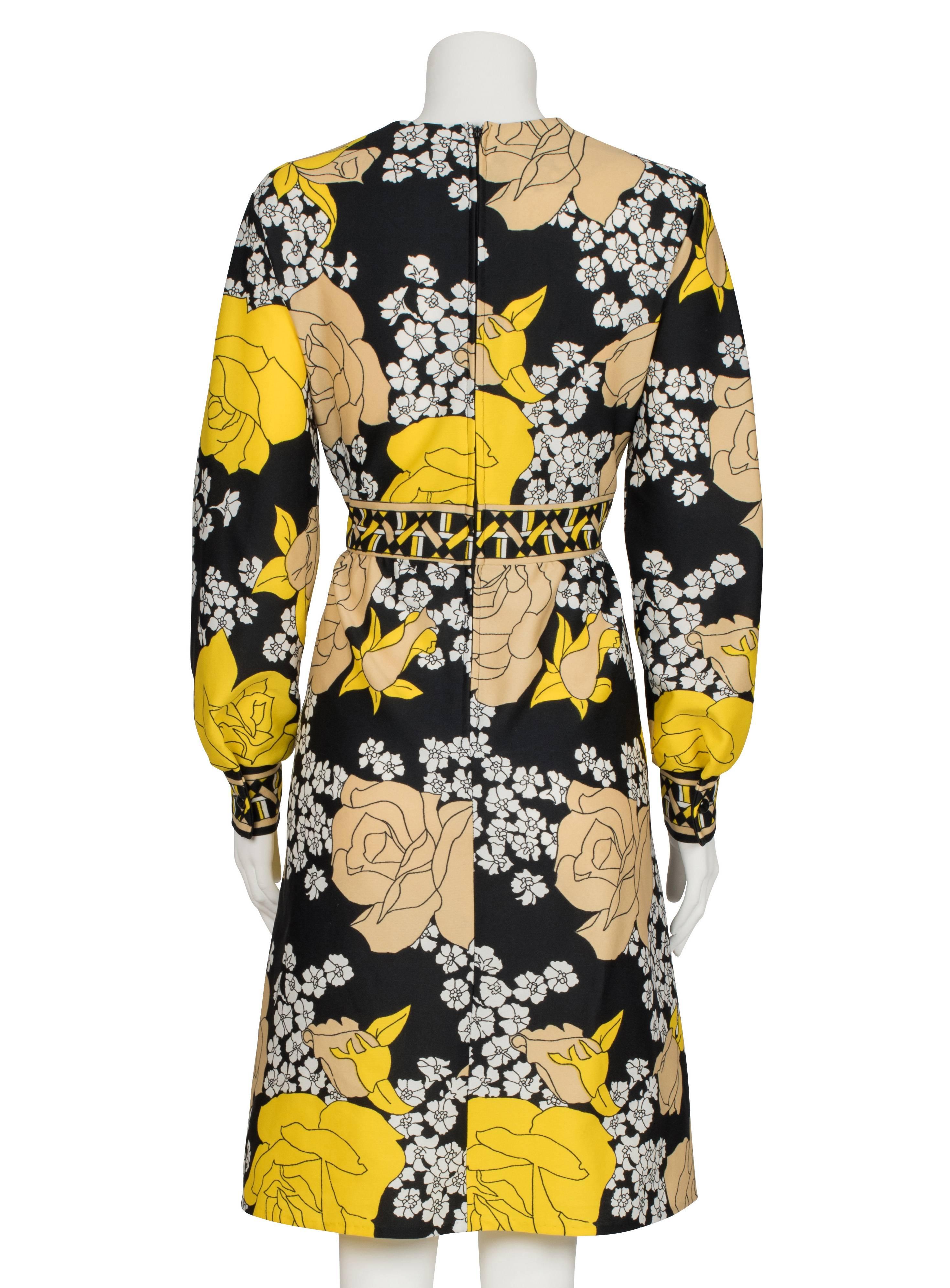 Women's 1970's Yellow & Black Floral Dress with Geometric Frieze For Sale