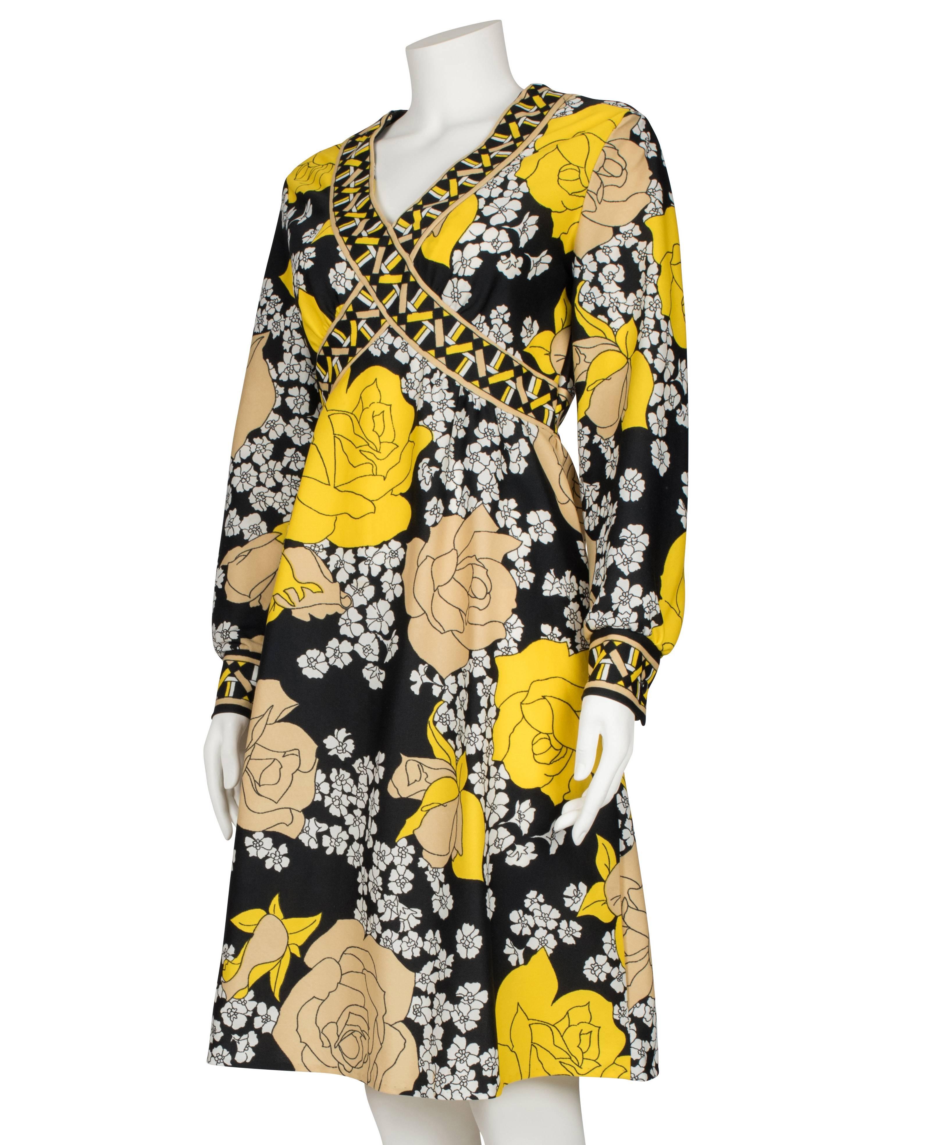 1970's Yellow & Black Floral Dress with Geometric Frieze For Sale 1
