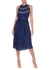 1980's Radley Navy Cross-Back Pleated Dress with Silver Cross-Stitching