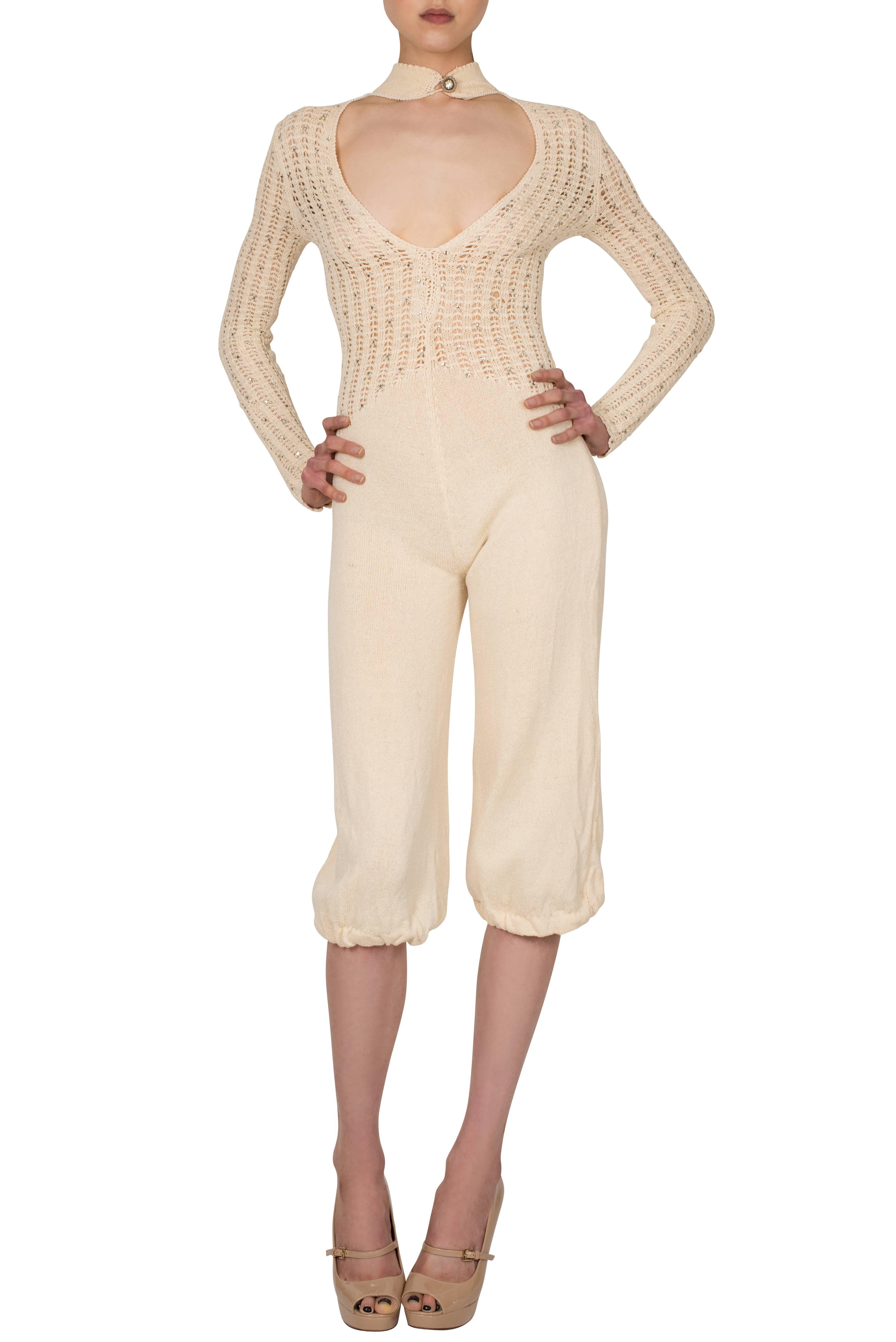1960's Ivory Knit Choker Jumpsuit In Excellent Condition In London, GB