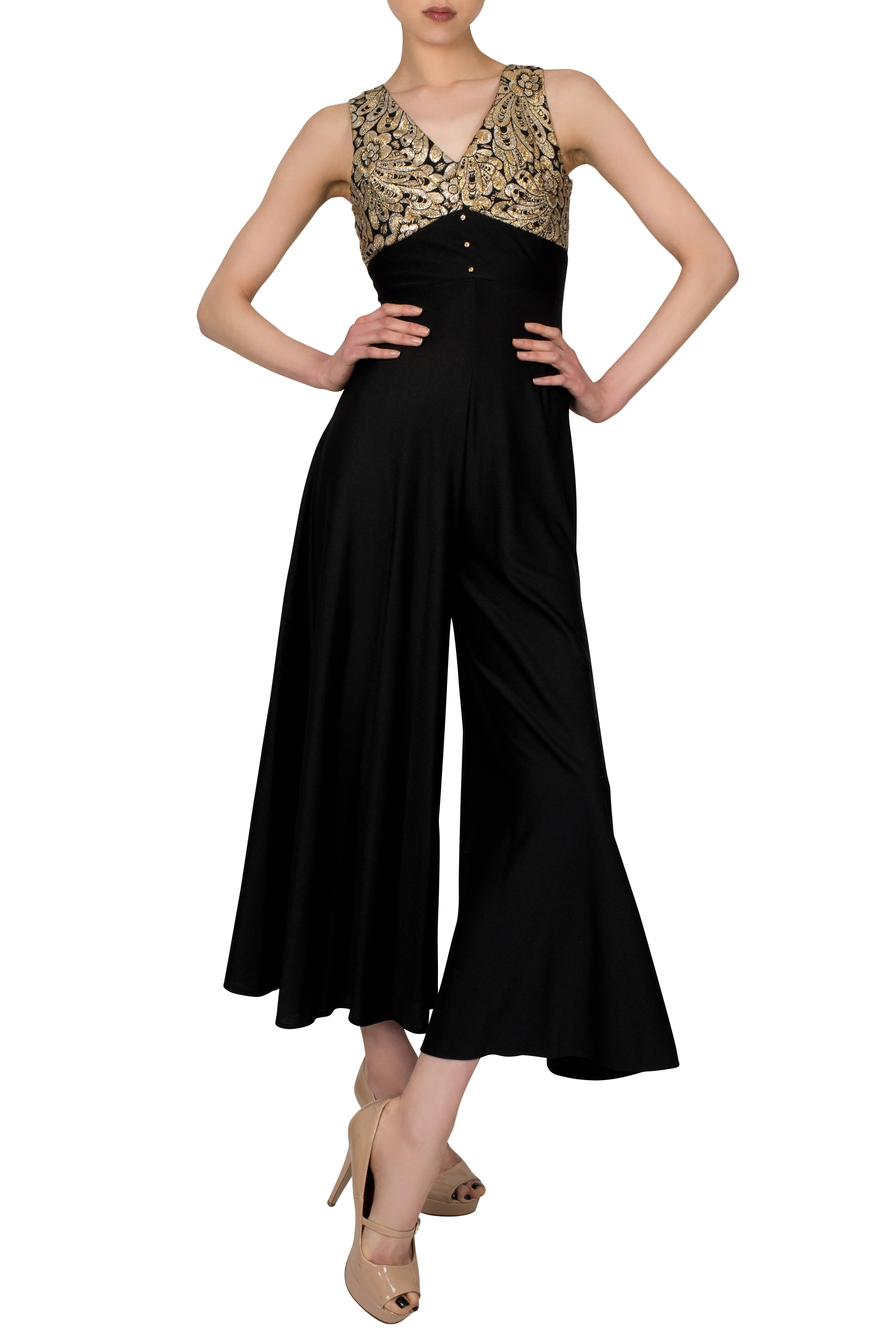 1970's Metallic Bust Black Palazzo Jumpsuit In Excellent Condition For Sale In London, GB