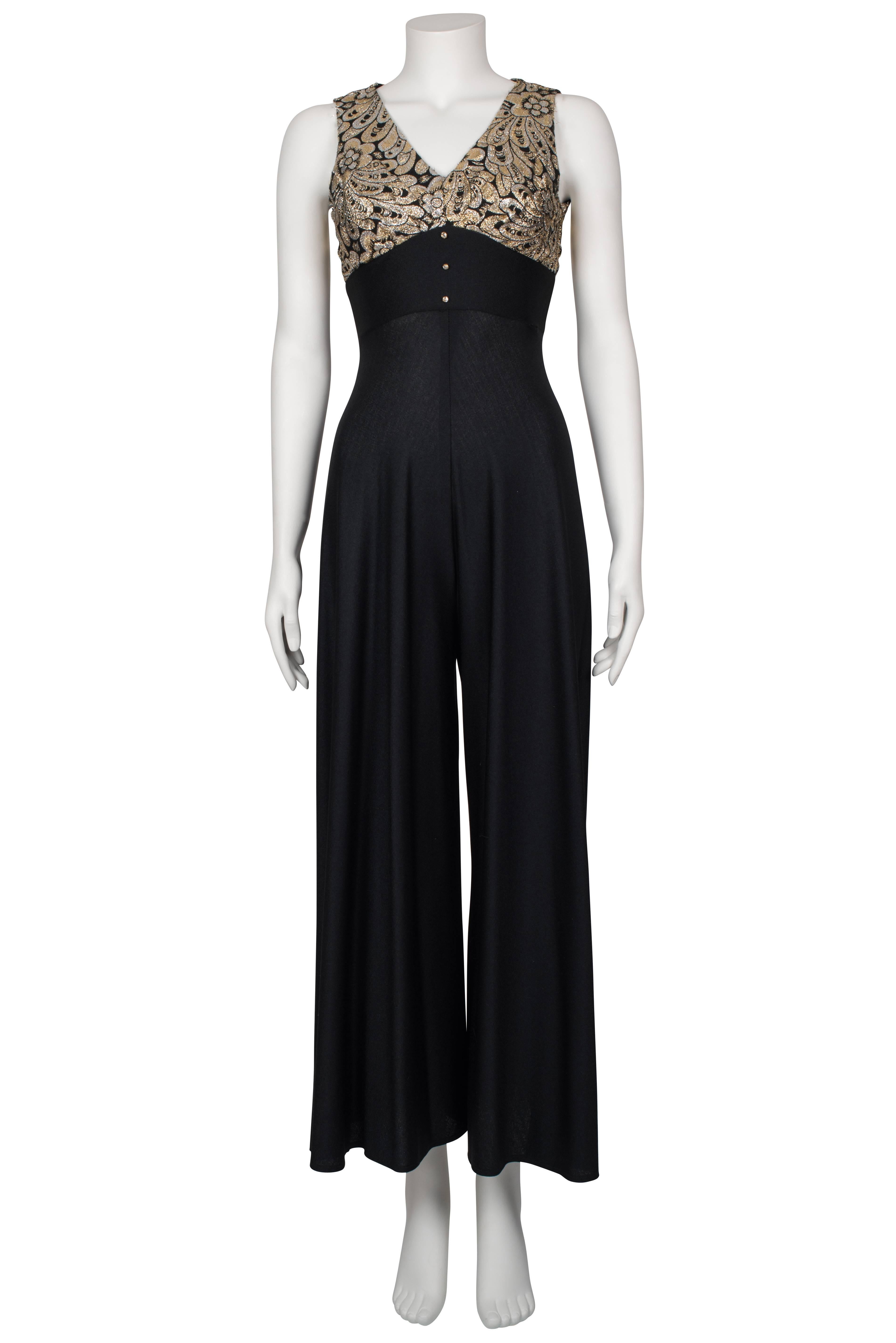 1970's Metallic Bust Black Palazzo Jumpsuit For Sale at 1stDibs