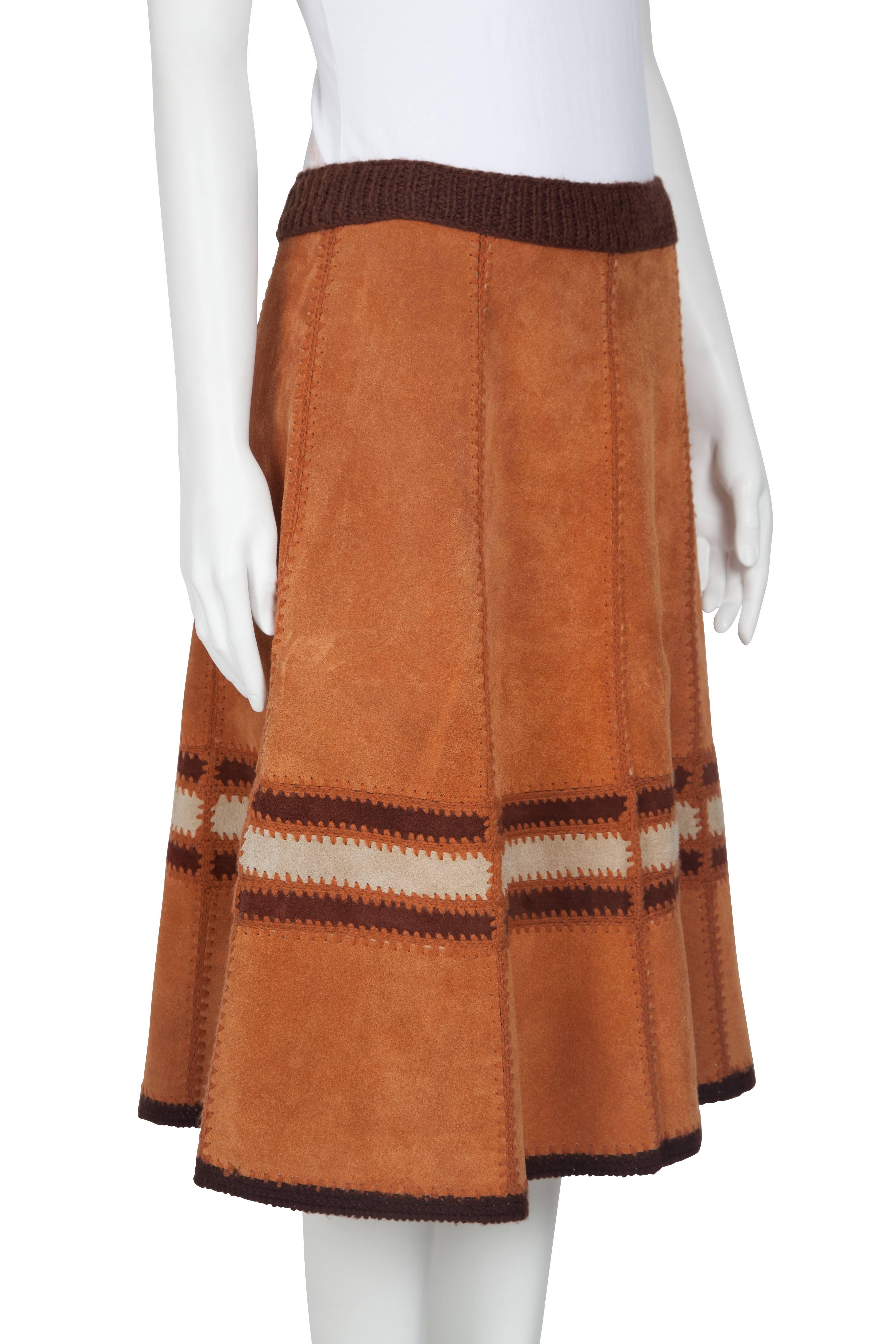 Brown 1960's Caramel Suede and Crochet Stich Skirt