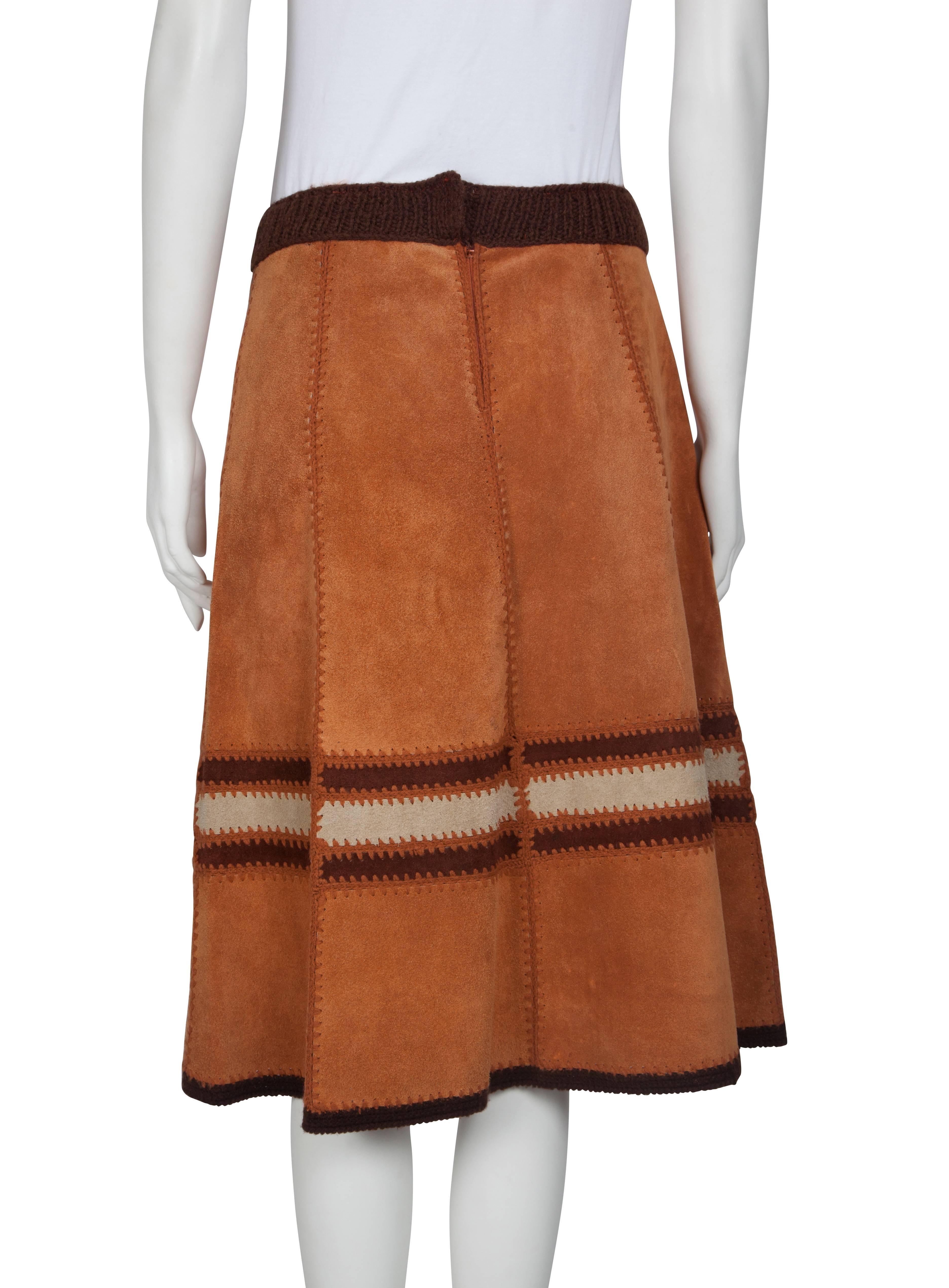 1960's Caramel Suede and Crochet Stich Skirt In Excellent Condition In London, GB
