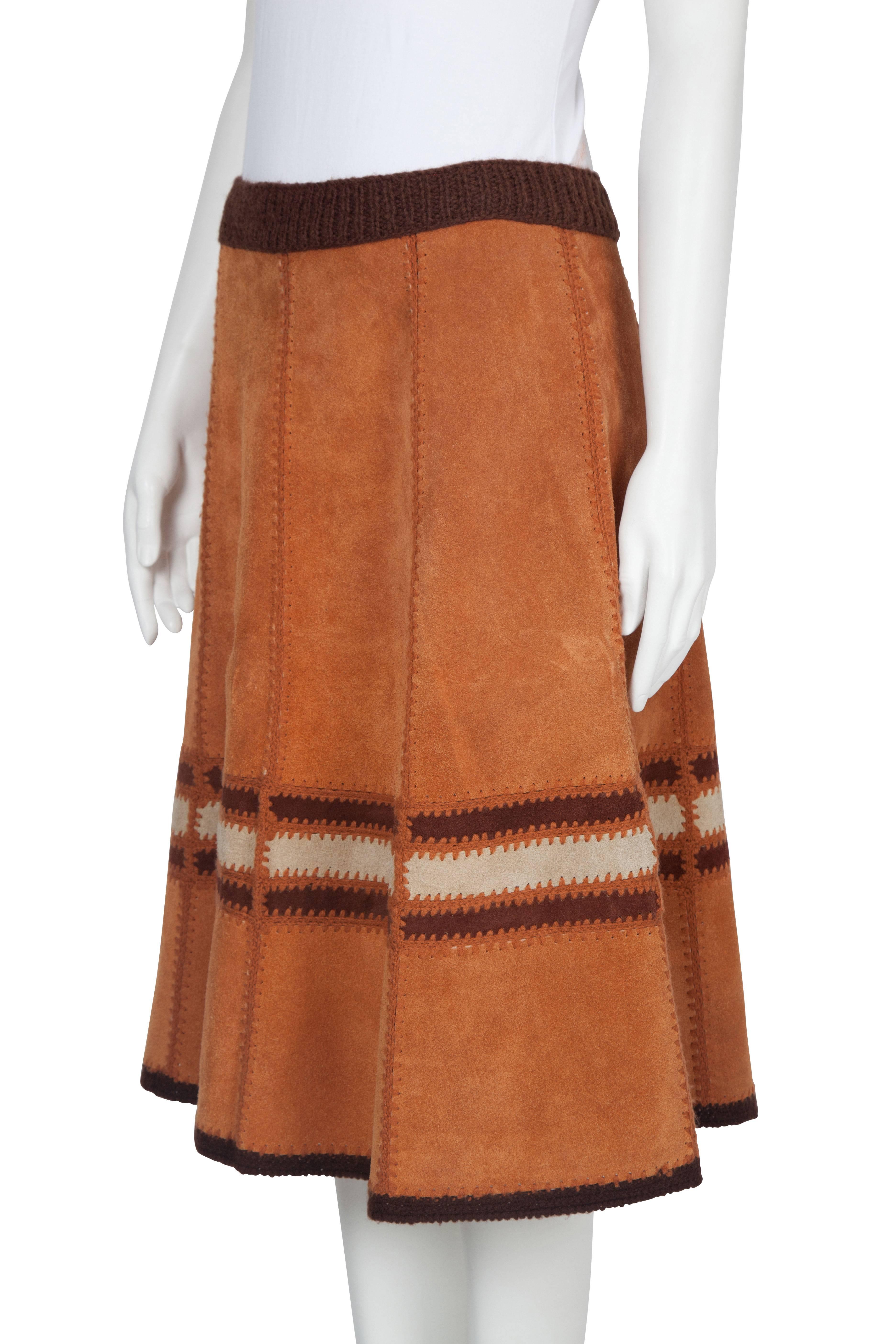 Women's 1960's Caramel Suede and Crochet Stich Skirt