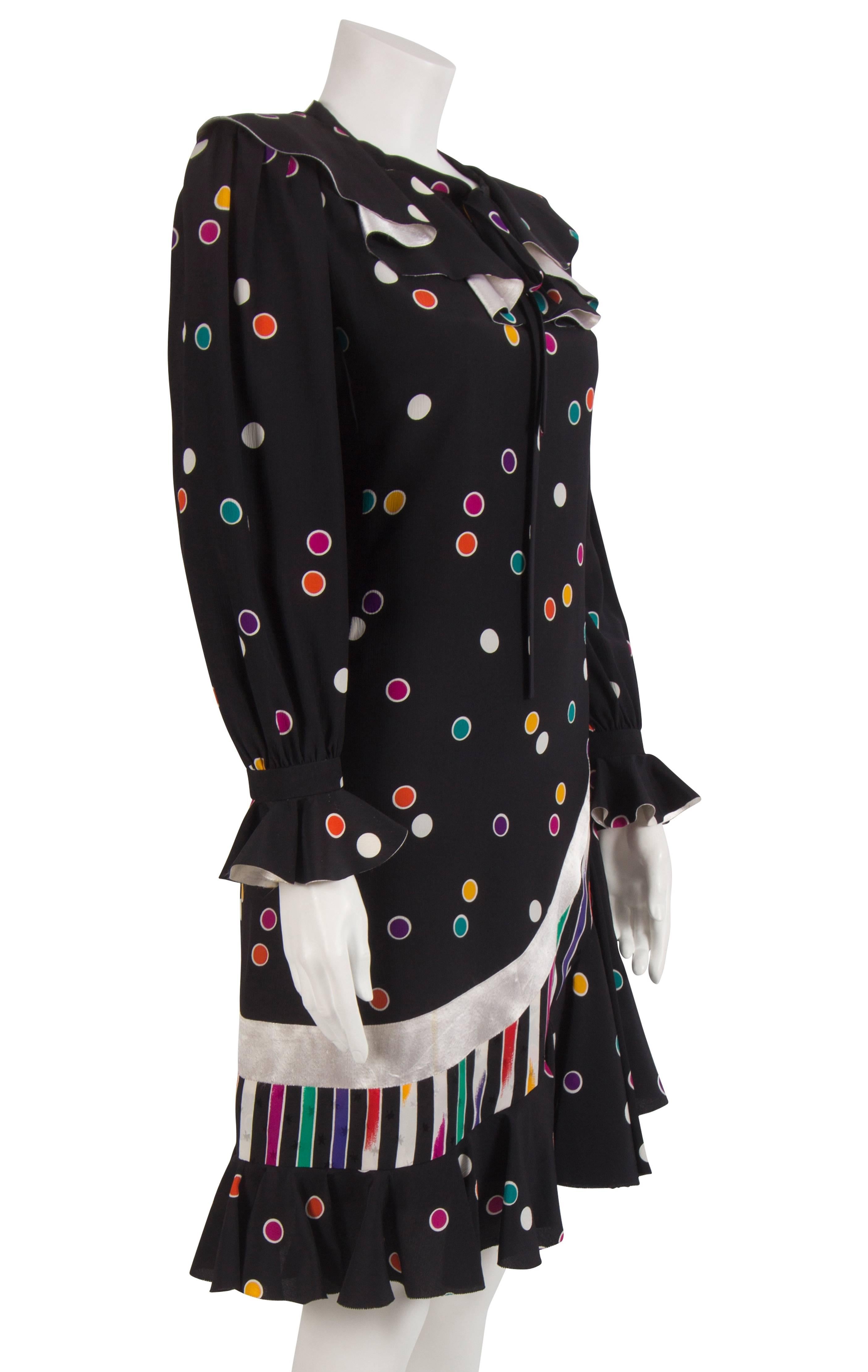 1980's Emanuel Ungaro Couture Black & Multicoloured Polka Dot Dress For Sale 1