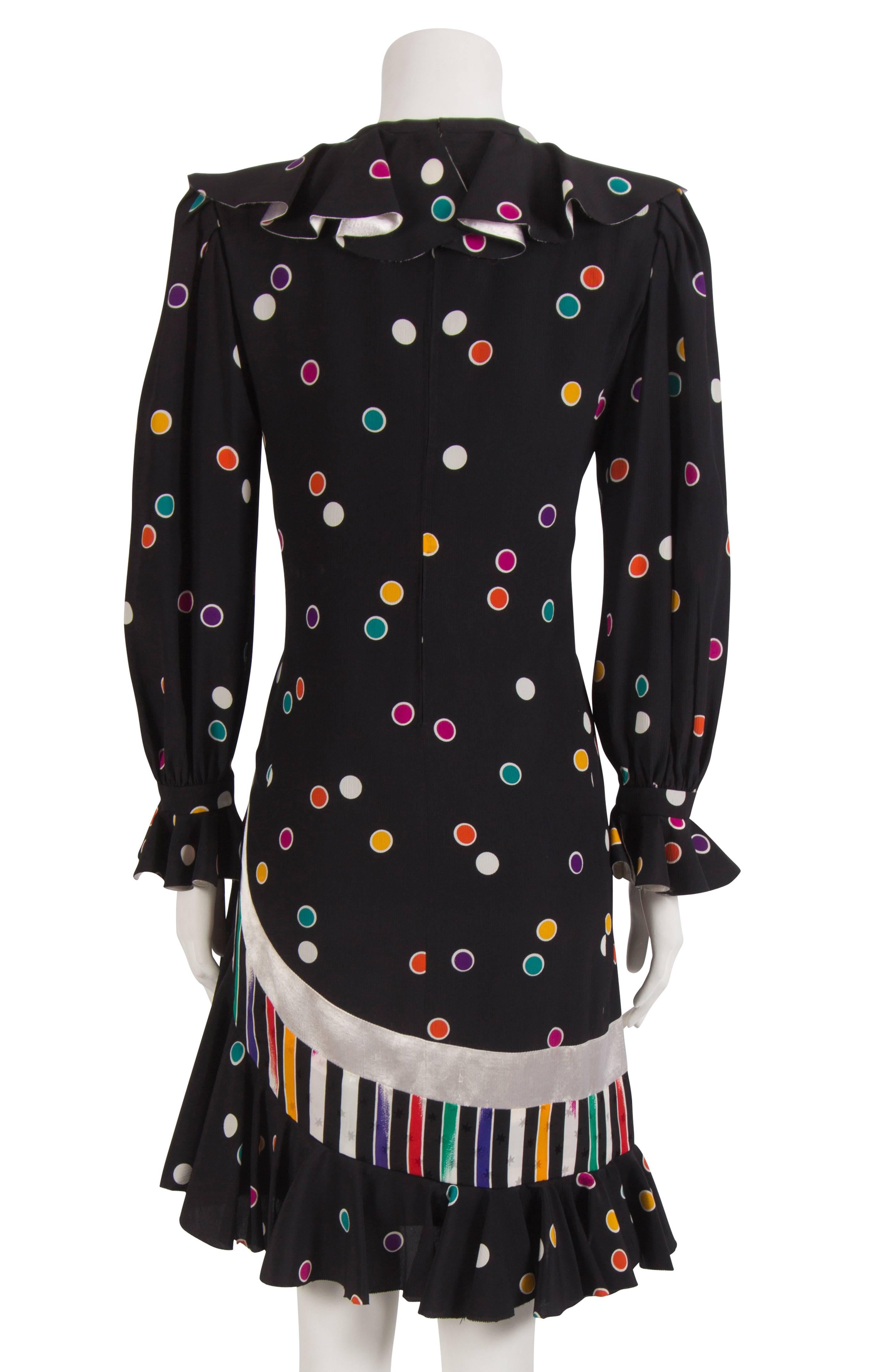 1980's Emanuel Ungaro Couture Black & Multicoloured Polka Dot Dress For Sale 2