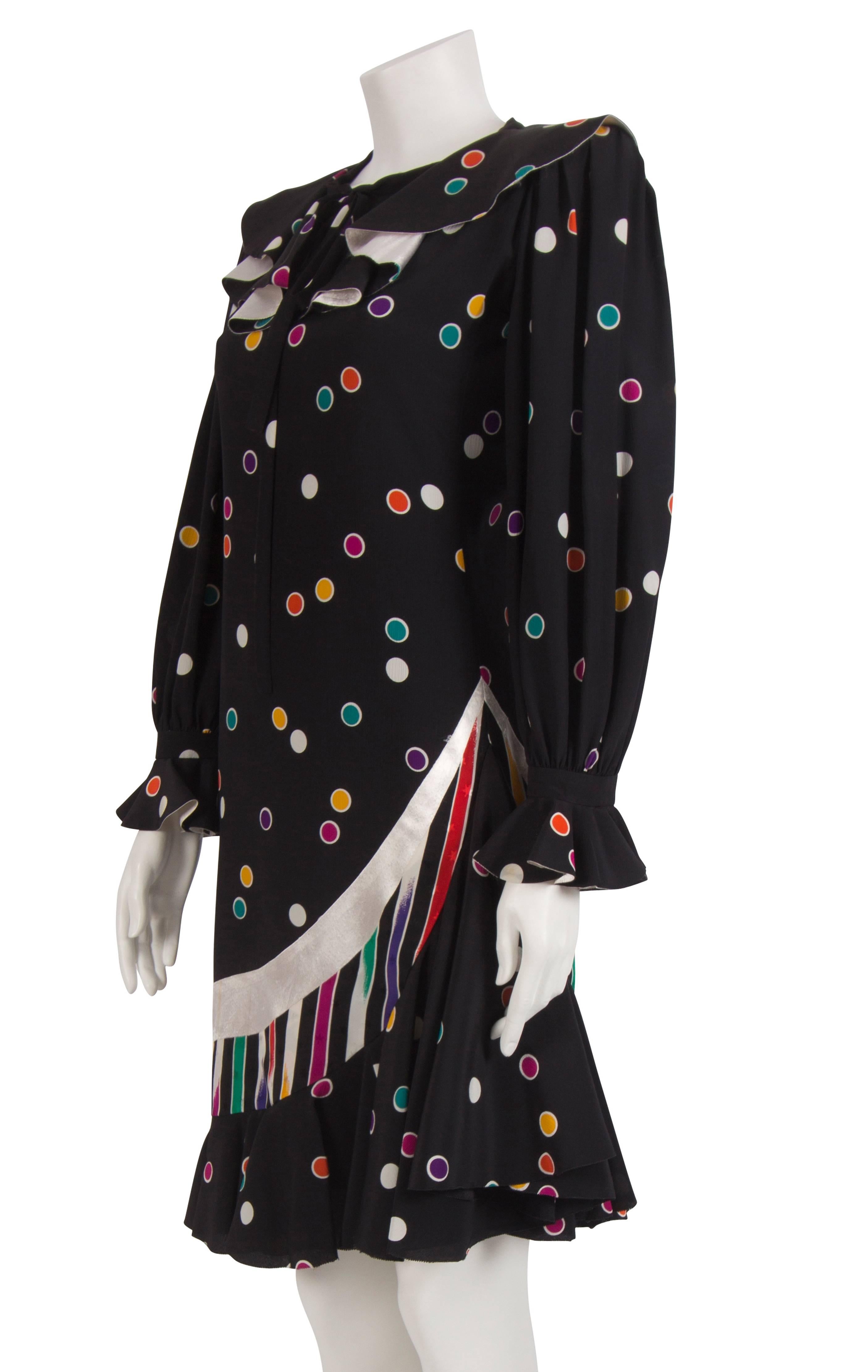 1980's Emanuel Ungaro Couture Black & Multicoloured Polka Dot Dress For Sale 3