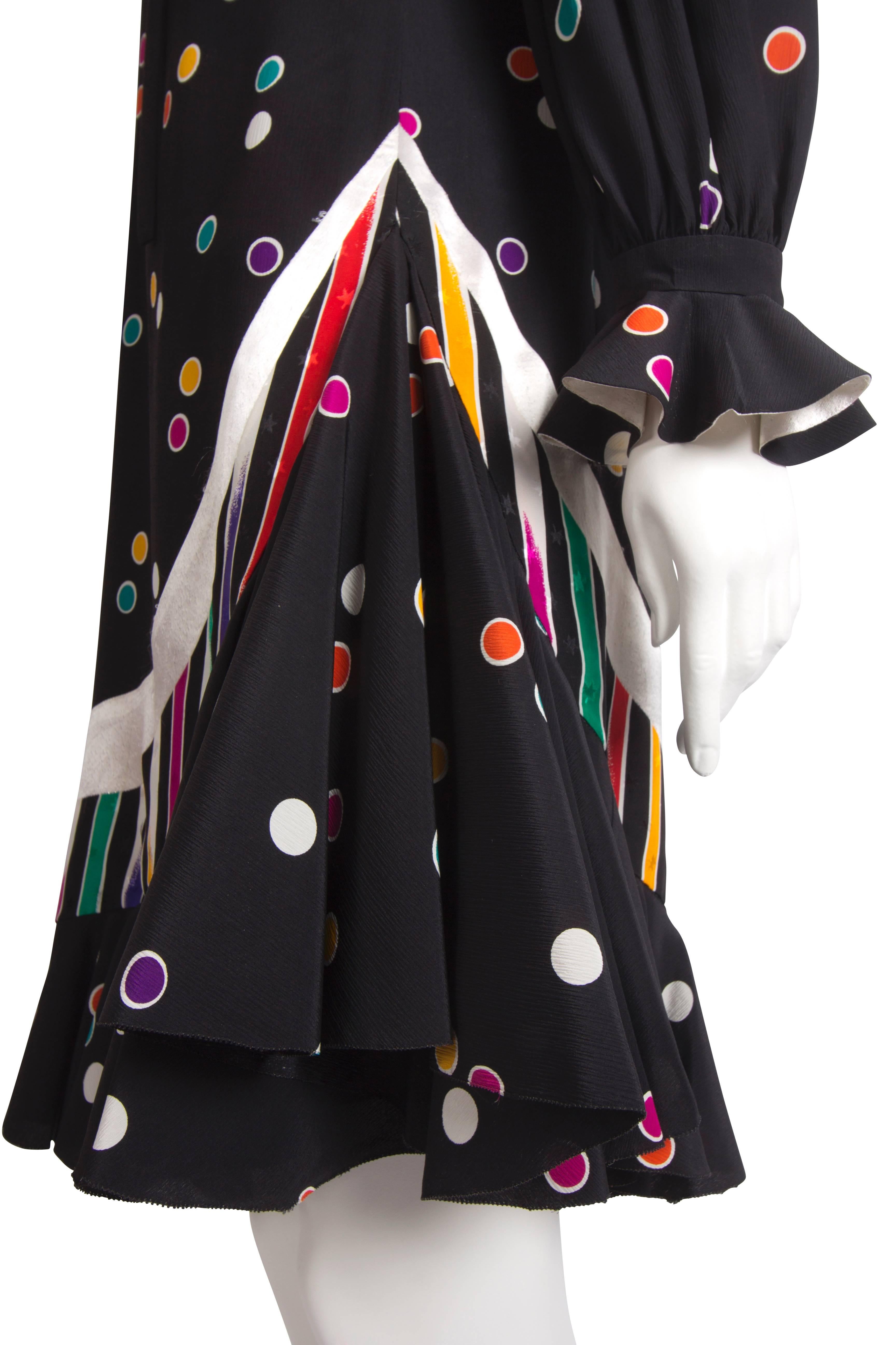 1980's Emanuel Ungaro Couture Black & Multicoloured Polka Dot Dress For Sale 5