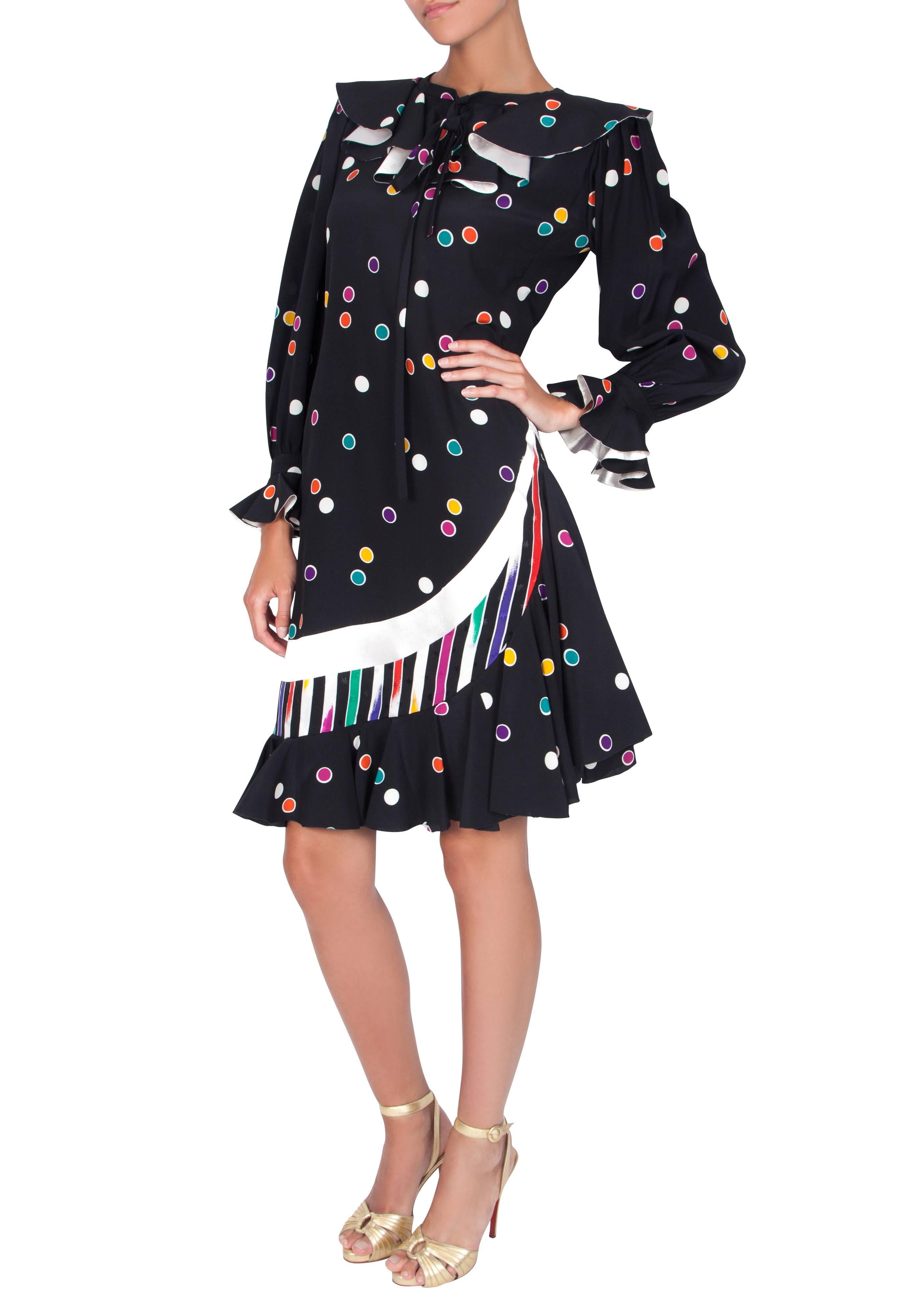 1980's Emanuel Ungaro Couture Black & Multicoloured Polka Dot Dress In Excellent Condition For Sale In London, GB