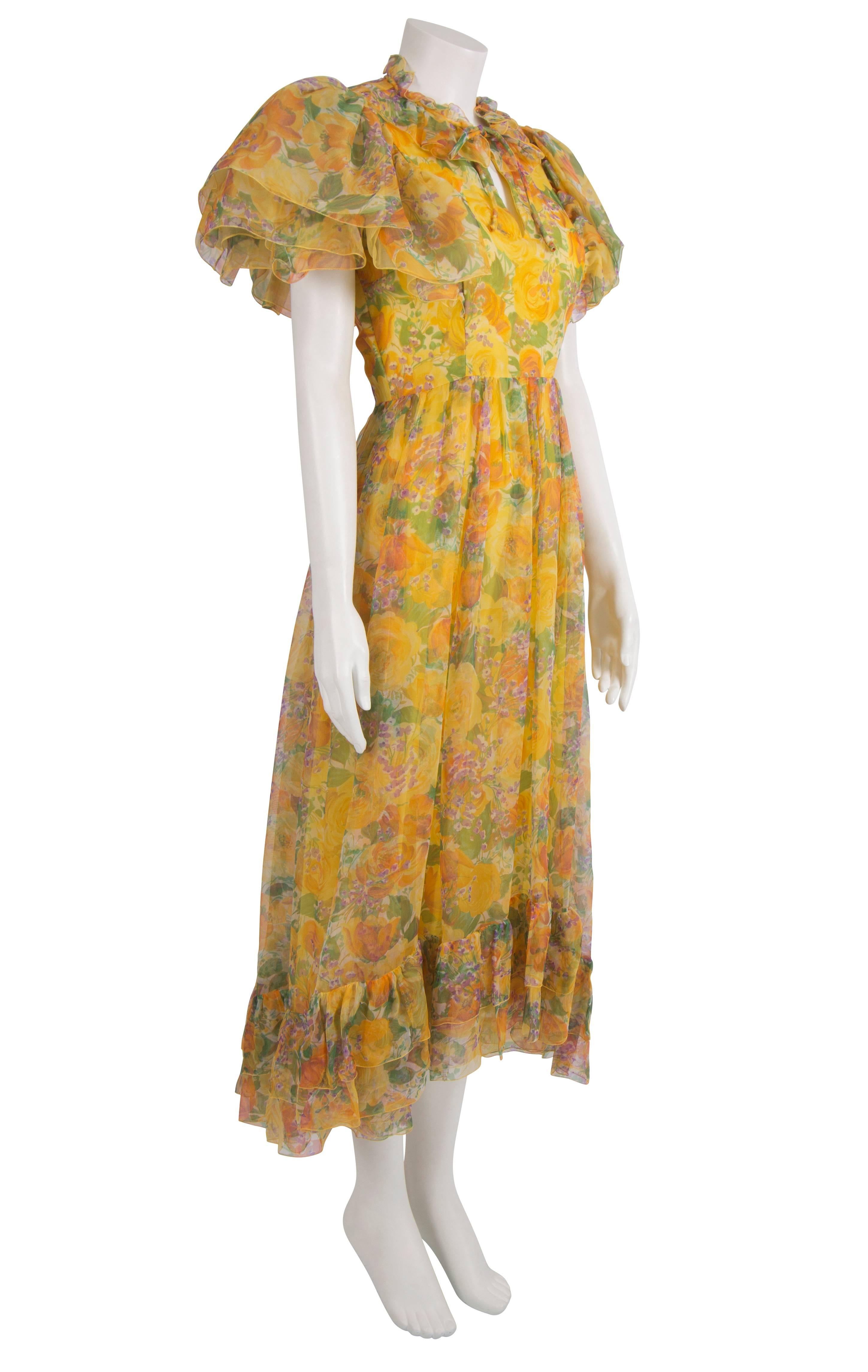 1970's Harald Yellow Floral Dress In Excellent Condition For Sale In London, GB