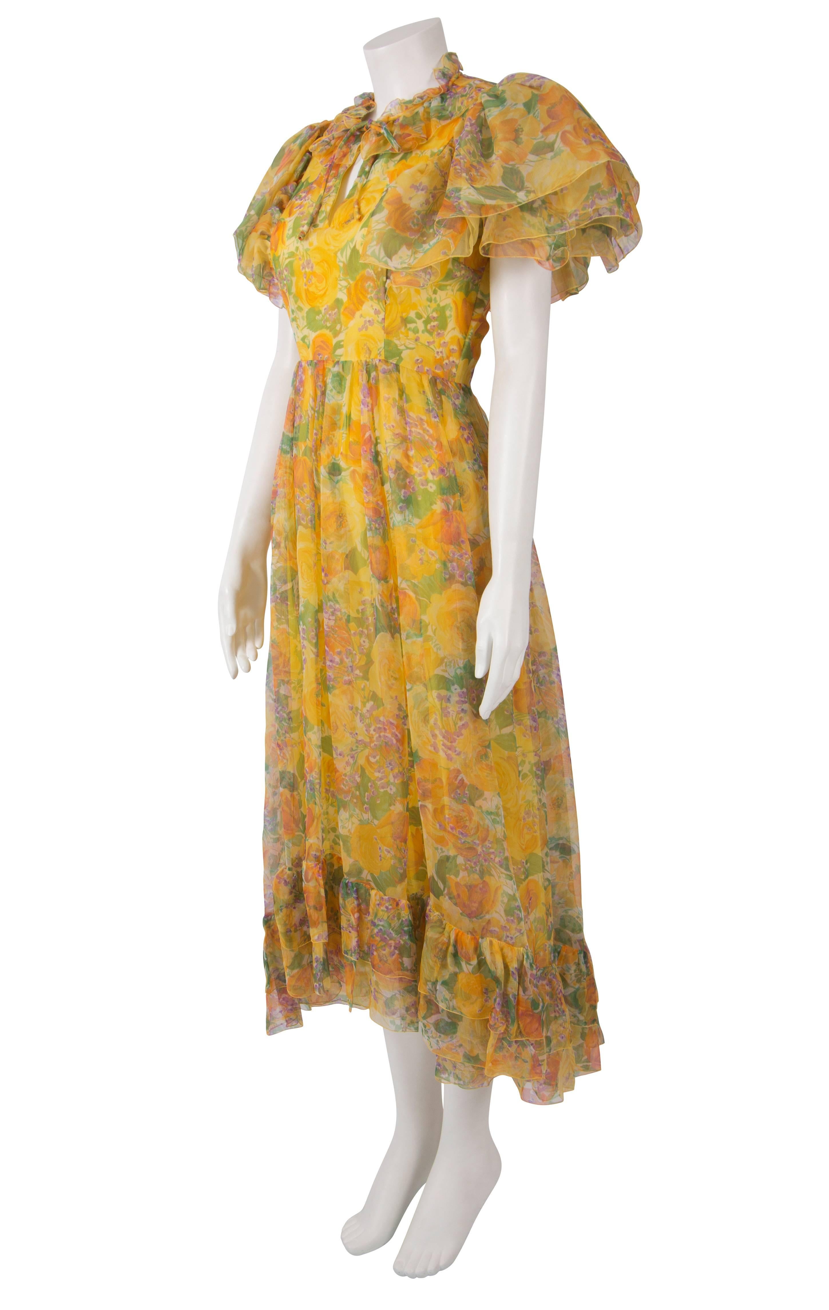 1970's Harald Yellow Floral Dress For Sale 1
