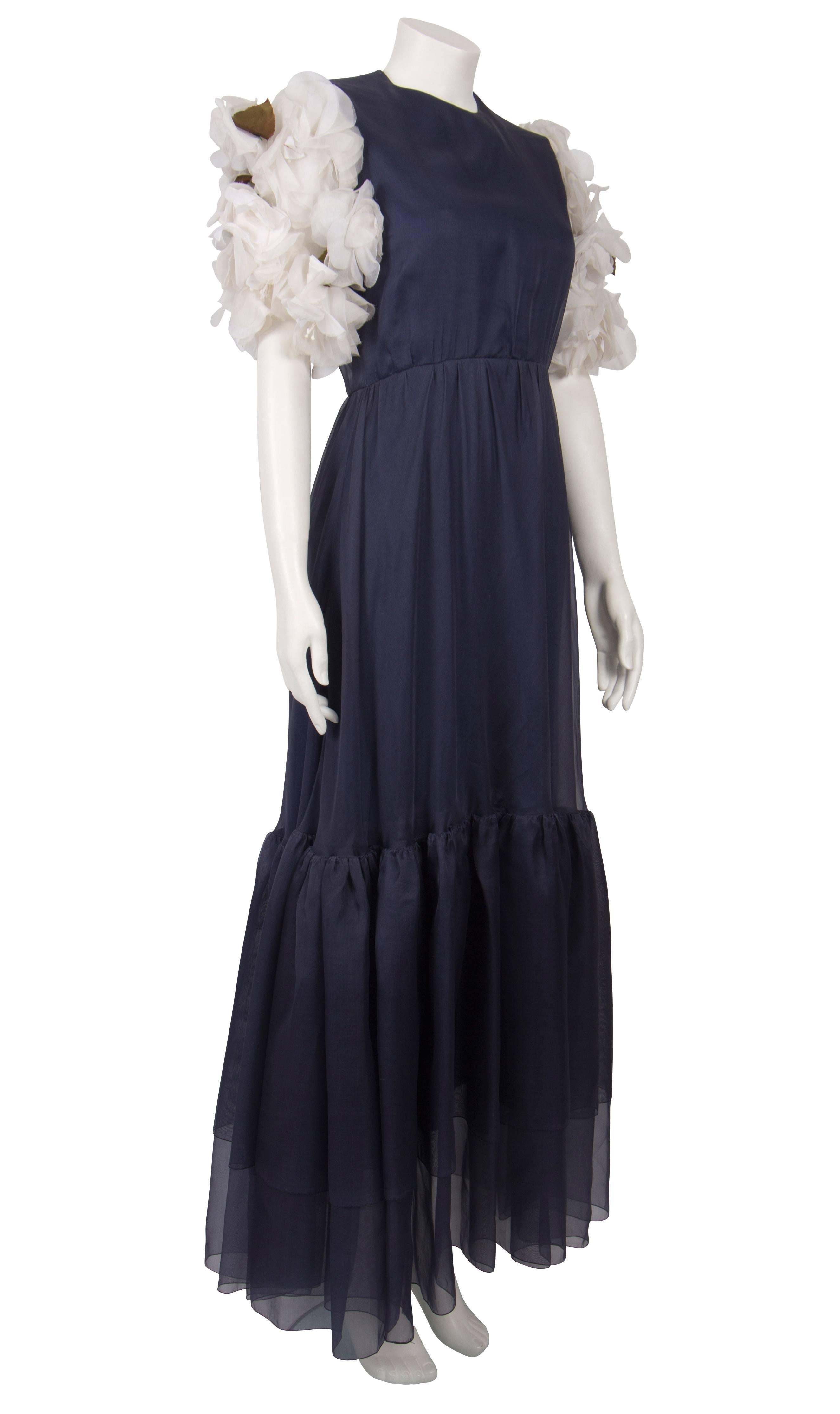 Women's 1970's Harald Navy Organza Gown with White Petal Sleeves For Sale