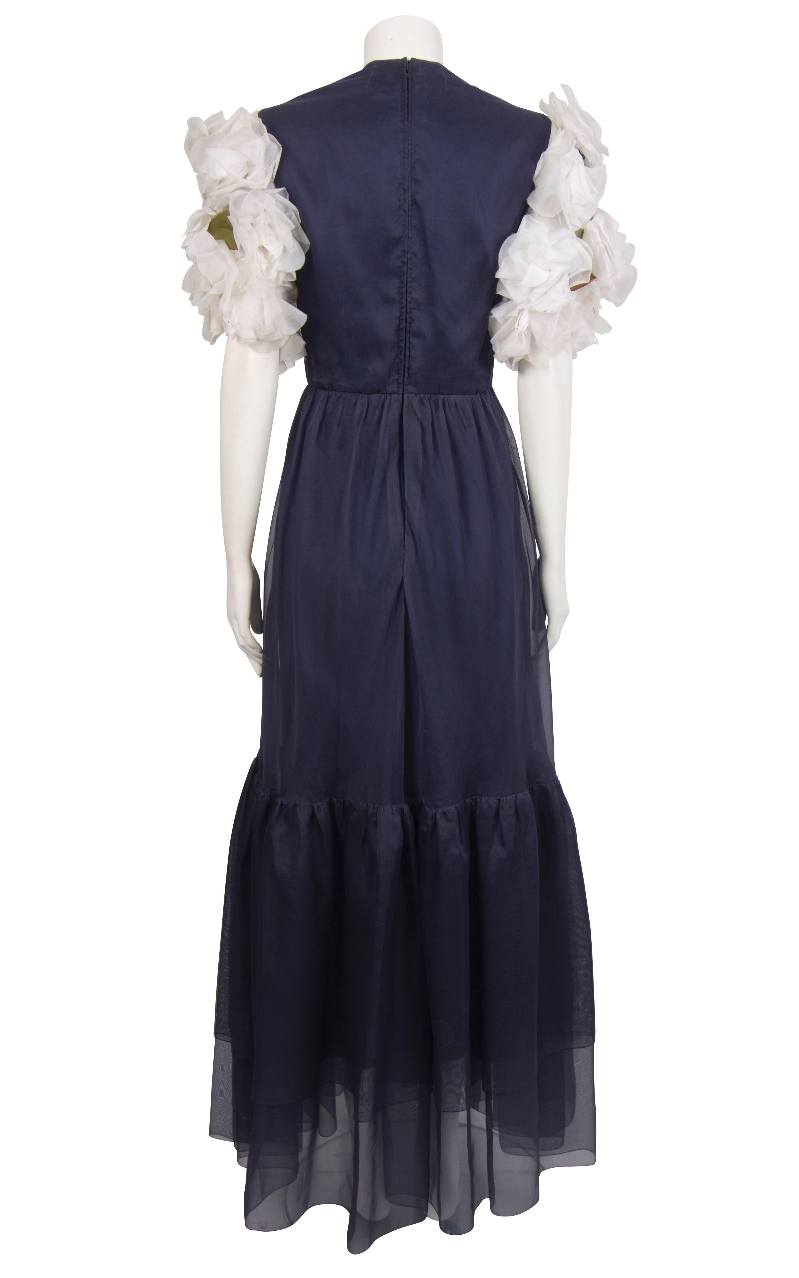 1970's Harald Navy Organza Gown with White Petal Sleeves For Sale 1