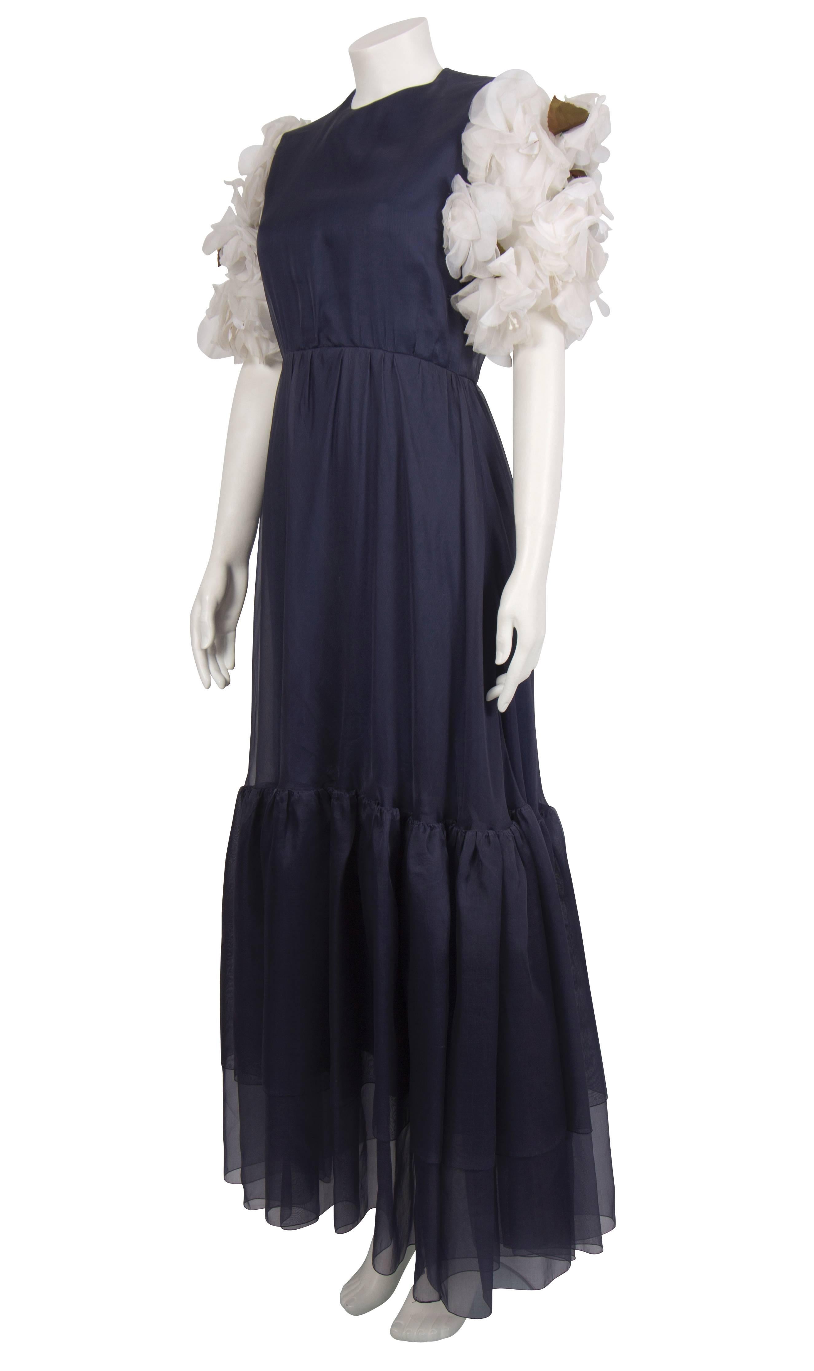1970's Harald Navy Organza Gown with White Petal Sleeves For Sale 2