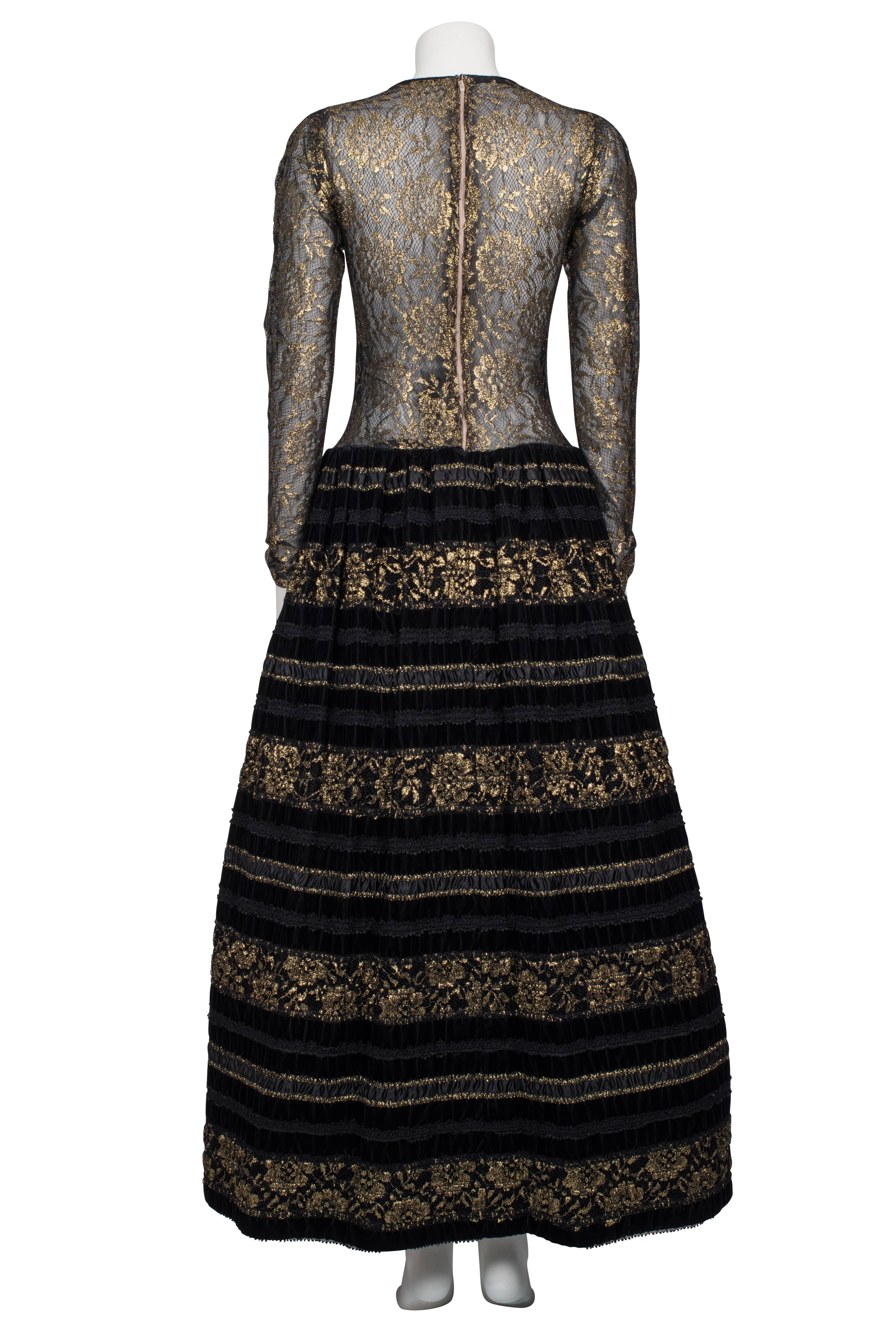 1960's Arnold Scaasi Couture Black Velvet and Gold Lace Gown For Sale 1
