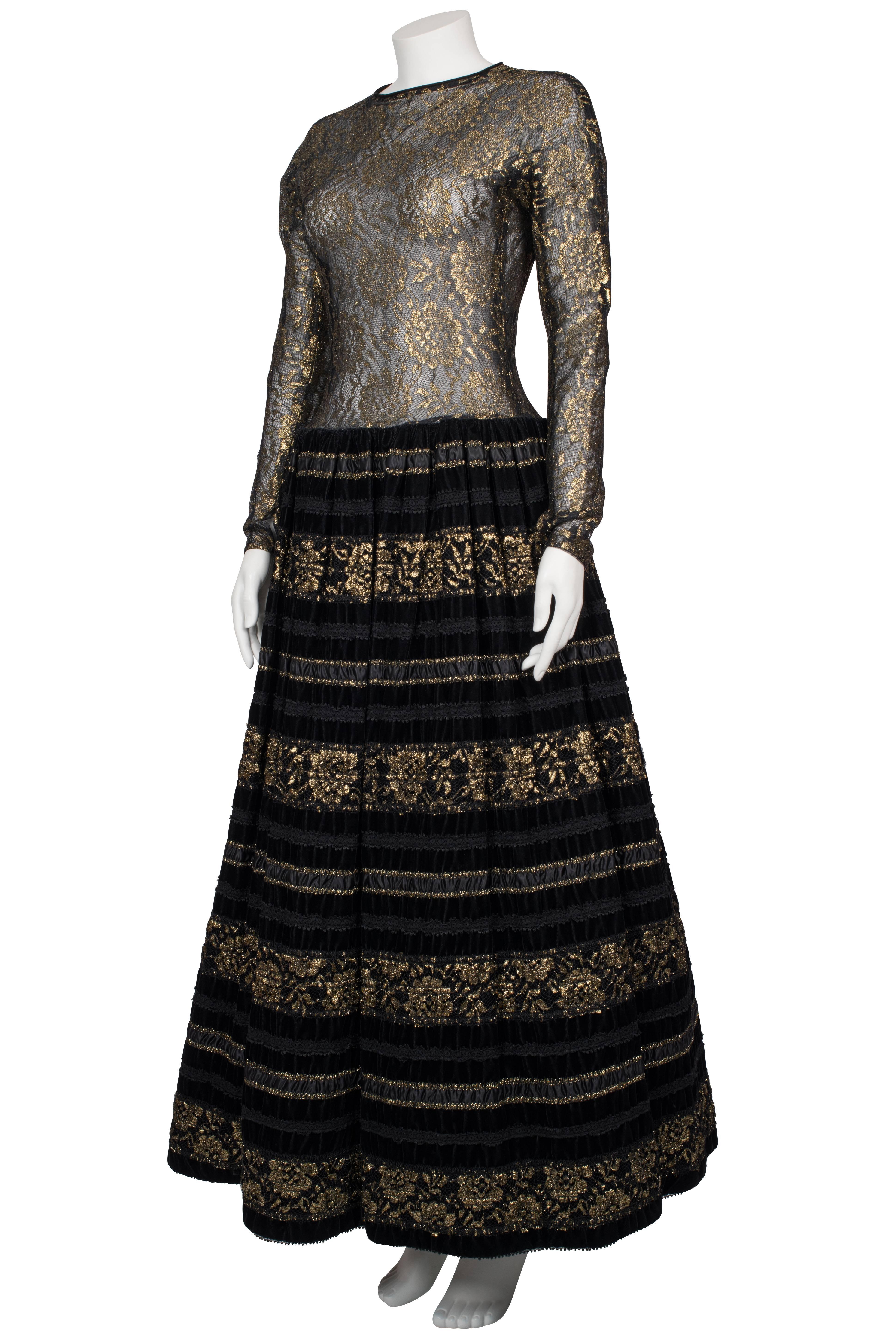 1960's Arnold Scaasi Couture Black Velvet and Gold Lace Gown For Sale 2