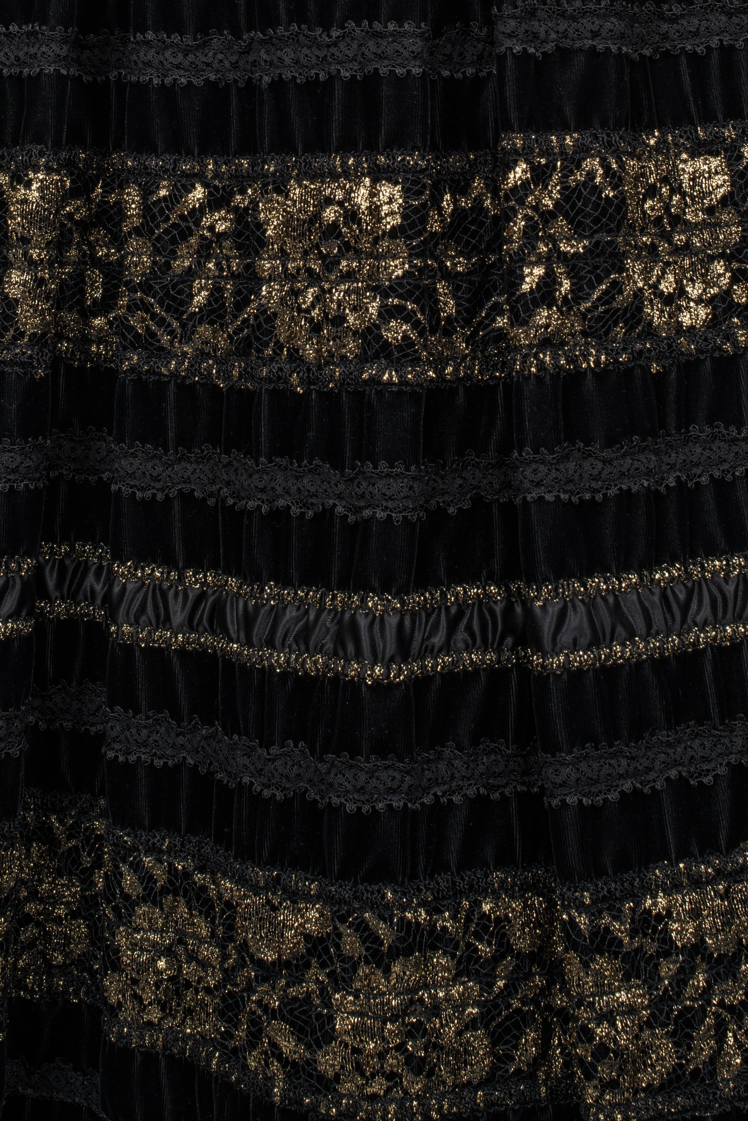 1960's Arnold Scaasi Couture Black Velvet and Gold Lace Gown For Sale 4
