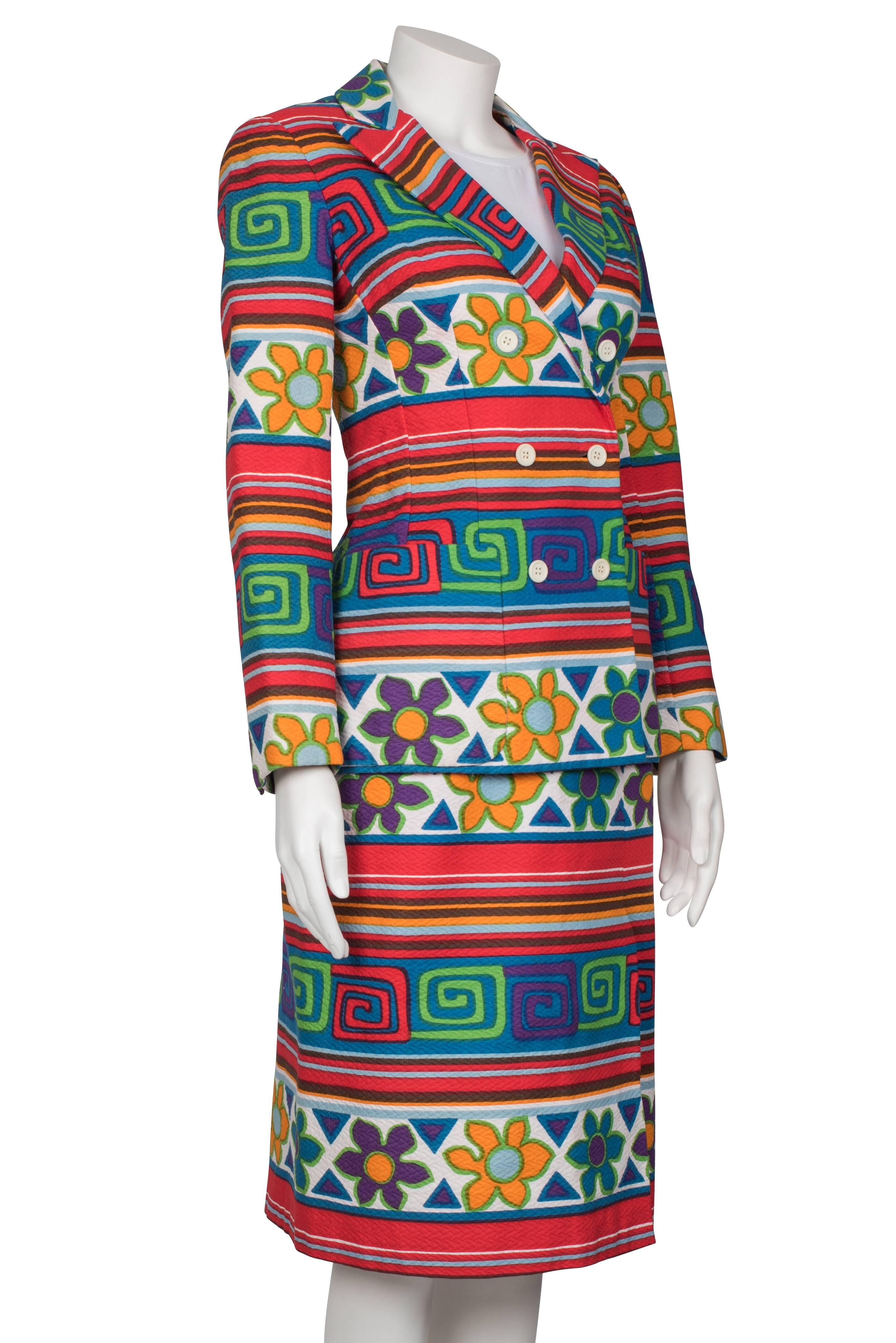 Women's 1970's Lanvin Multicoloured Stripes & Floral Skirt Suit For Sale