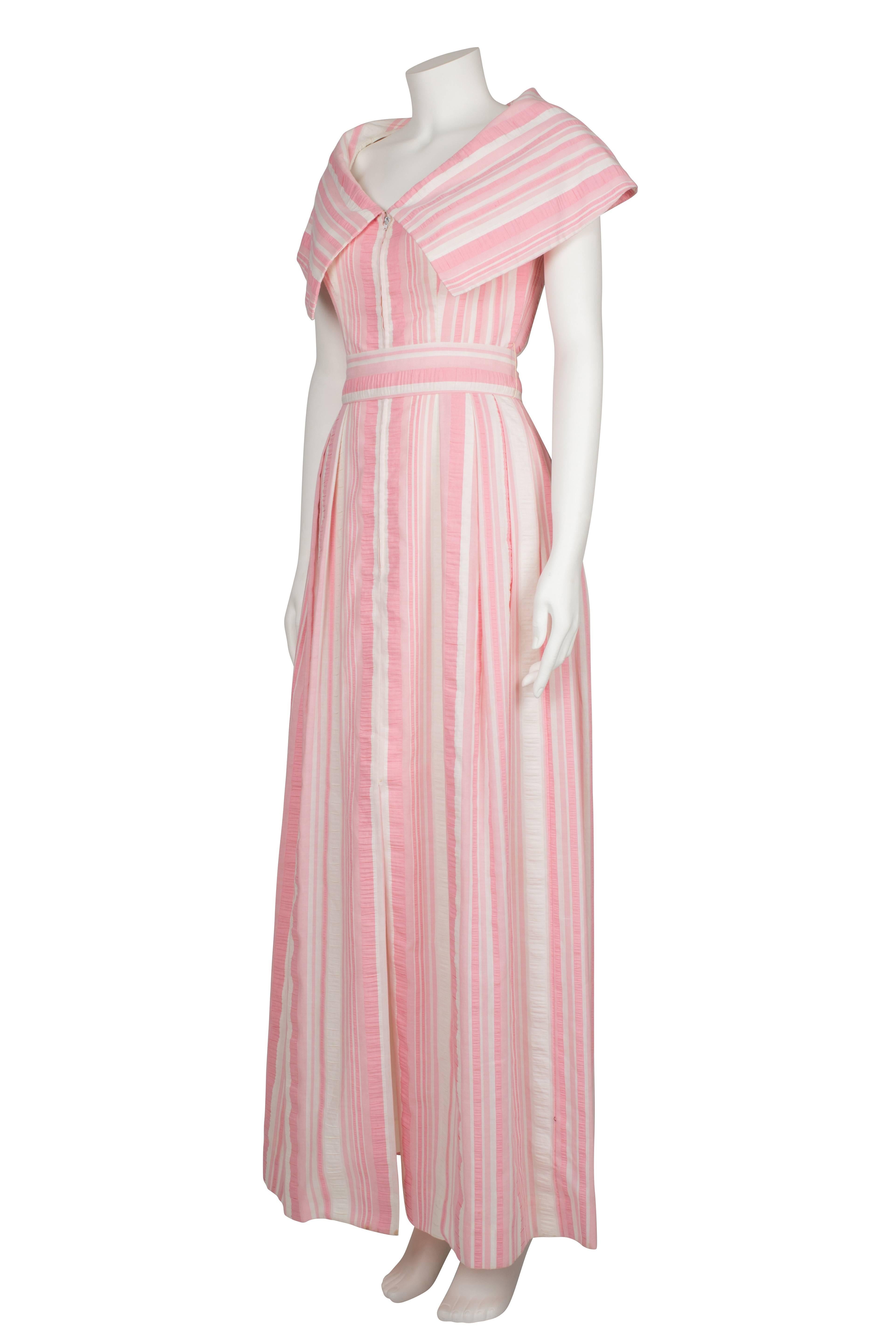 1970's Estevez Seersucker Pink & Ivory Candy Stripes Dress For Sale 1