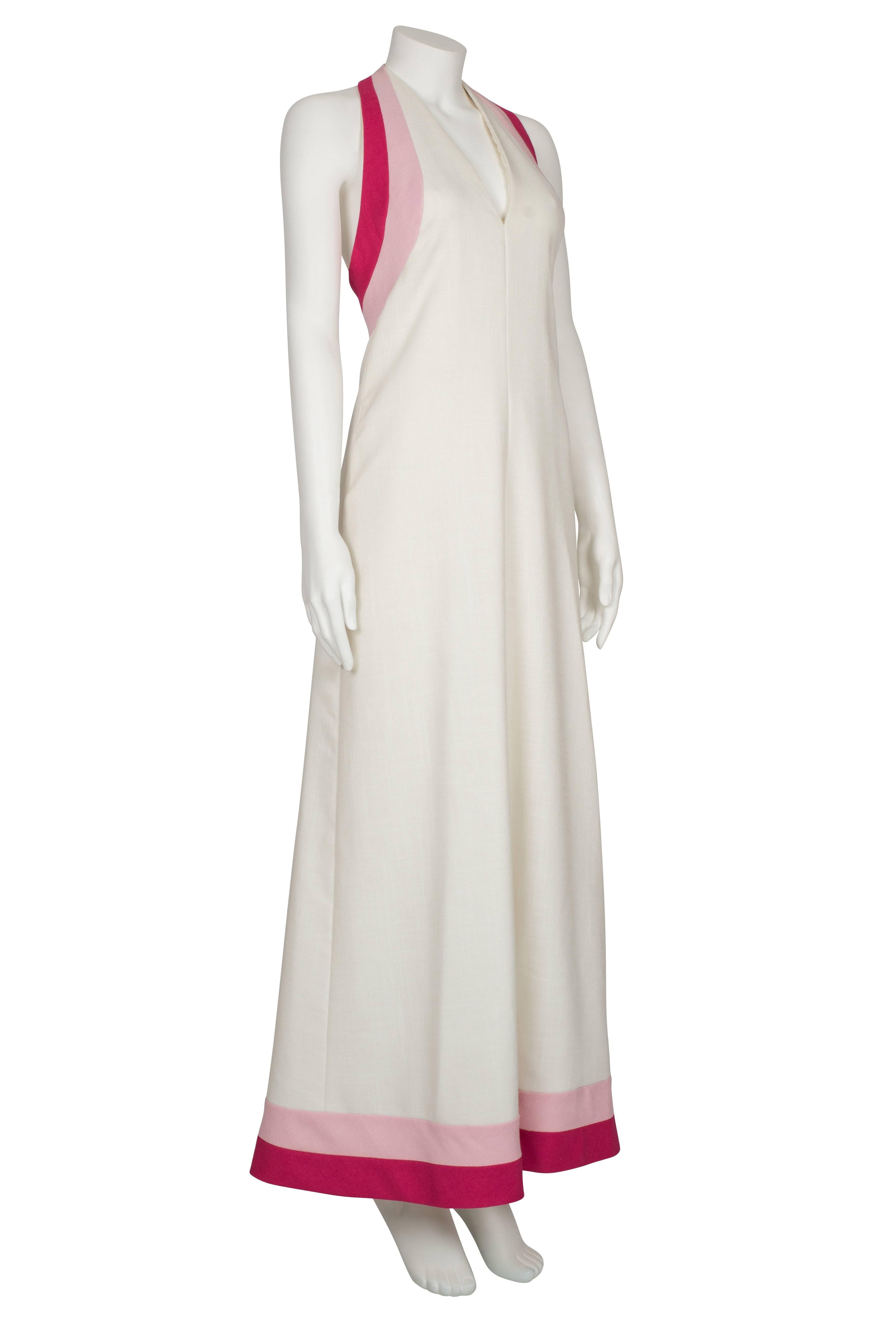 1970's Lord & Taylor White Linen with Pink Halter Gown In Excellent Condition In London, GB