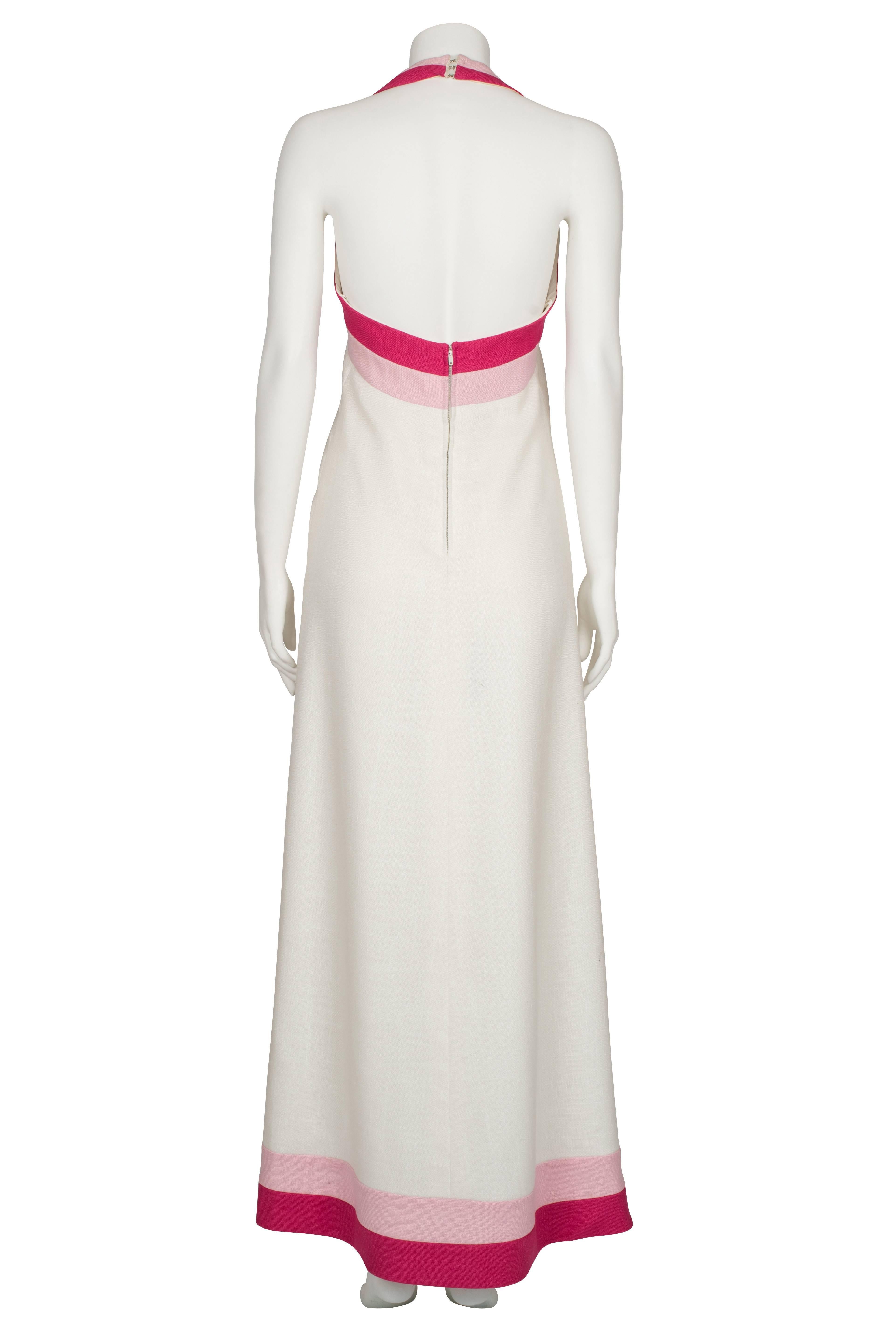 Women's 1970's Lord & Taylor White Linen with Pink Halter Gown