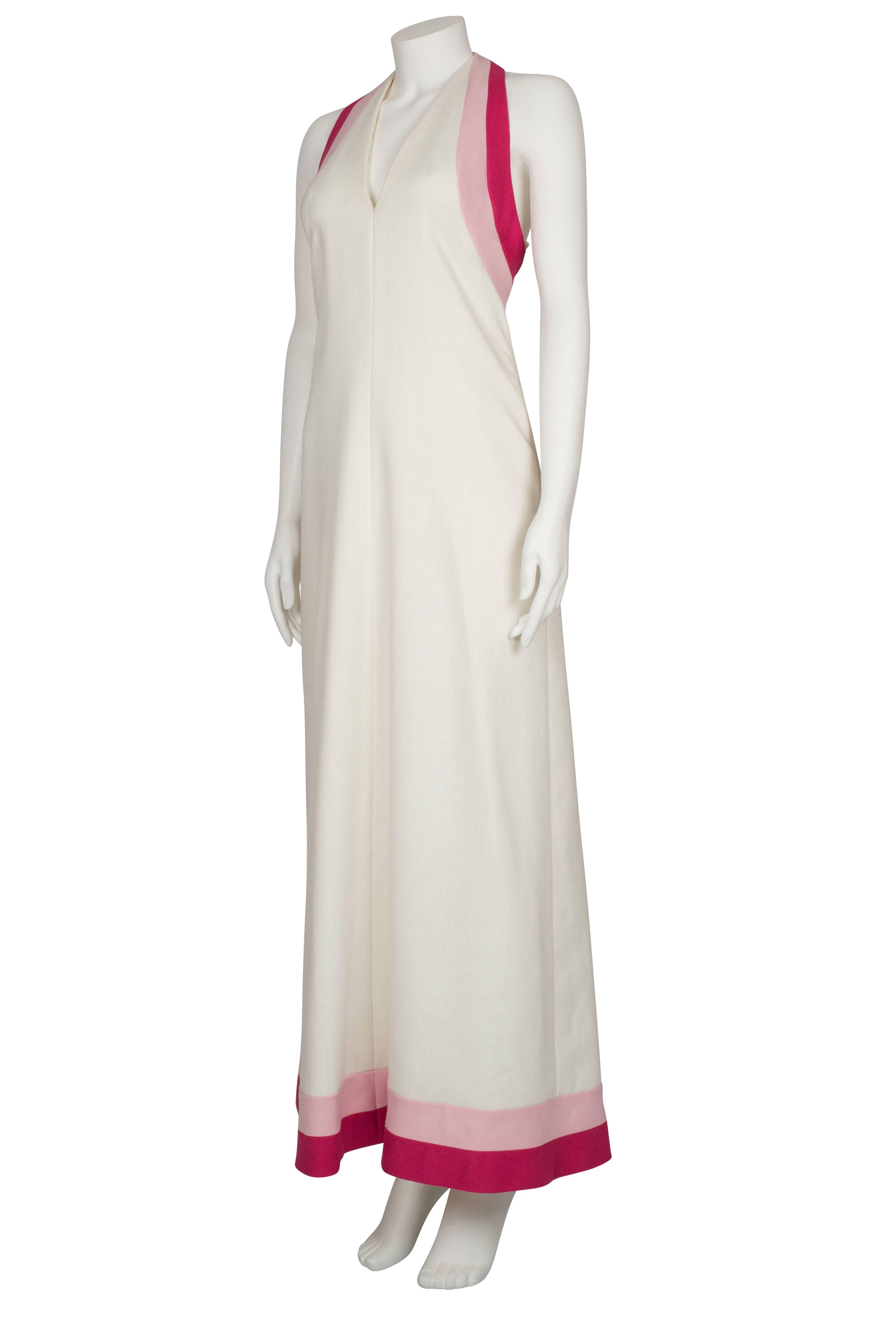 1970's Lord & Taylor White Linen with Pink Halter Gown 1