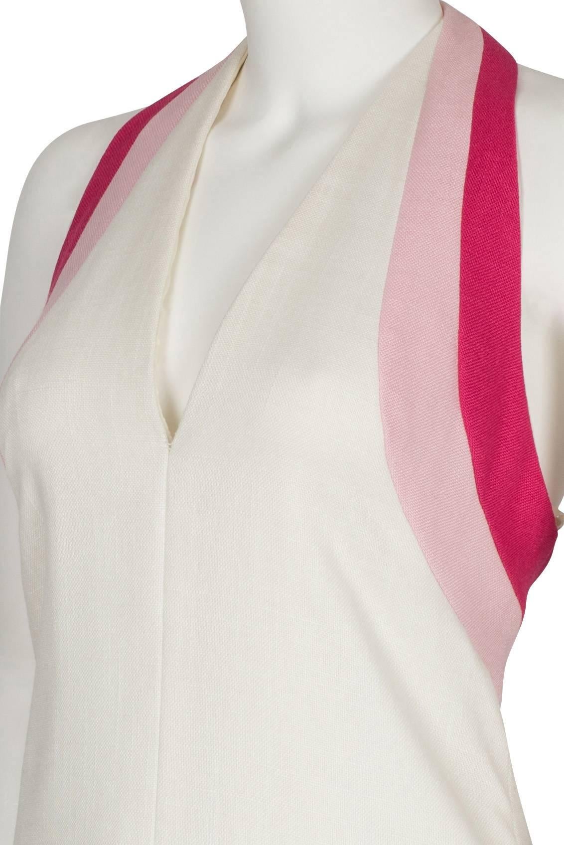 1970's Lord & Taylor White Linen with Pink Halter Gown 2