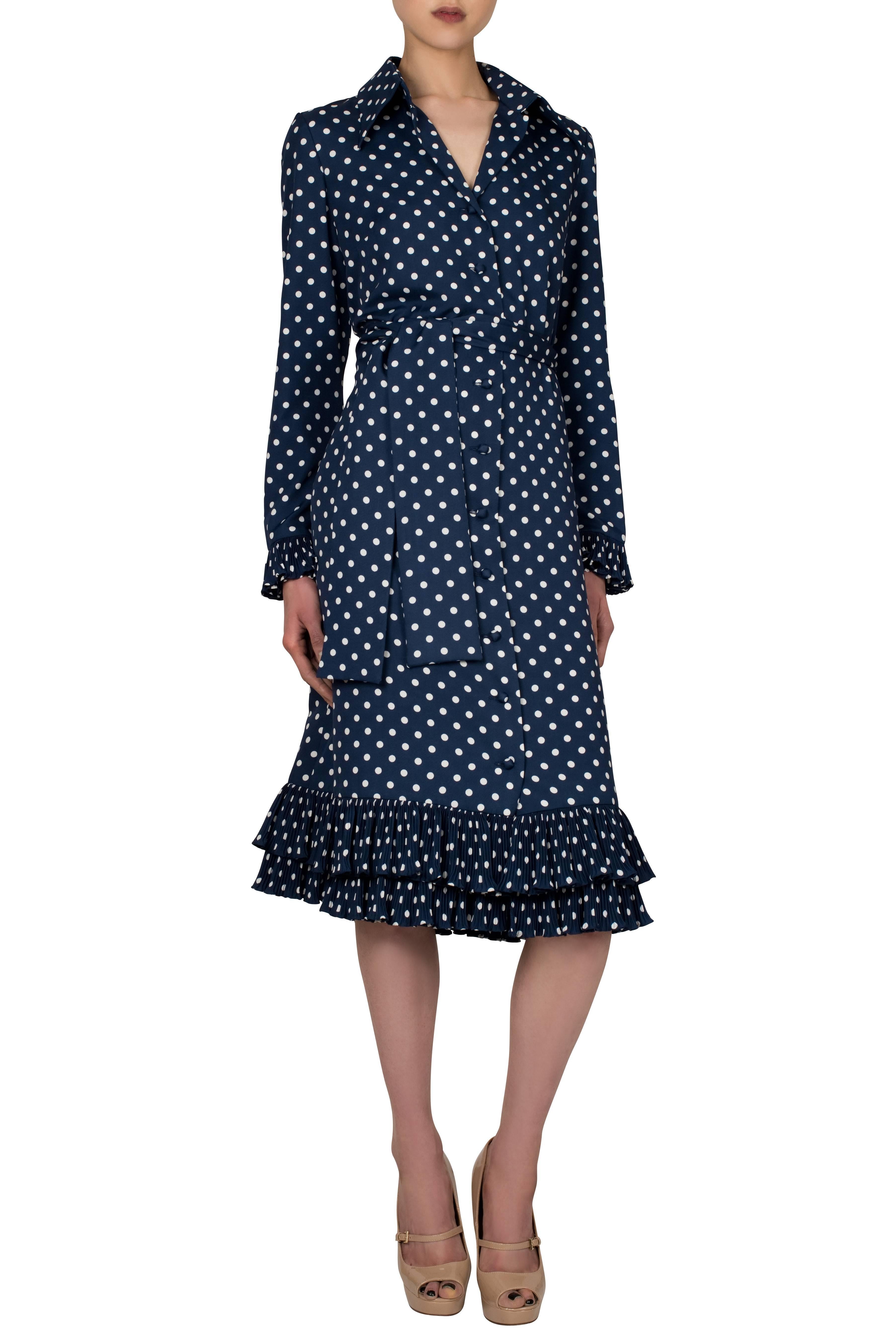 1970's Victor Costa Navy Polka Dot Shirt Dress with Pleat Hem In Excellent Condition In London, GB