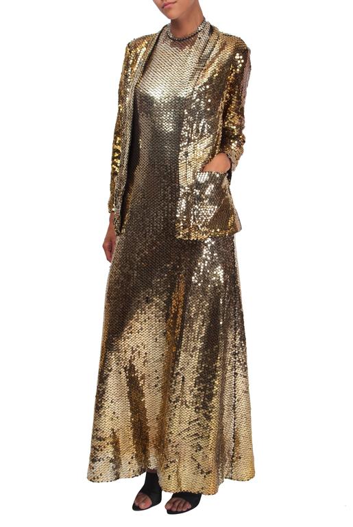 1970's Jean Chess Gold Sequinned Halter Gown and Jacket For Sale at 1stDibs