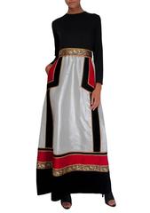 1970's Kent Originals White Dupione Black Velvet and Gold Trim Dress