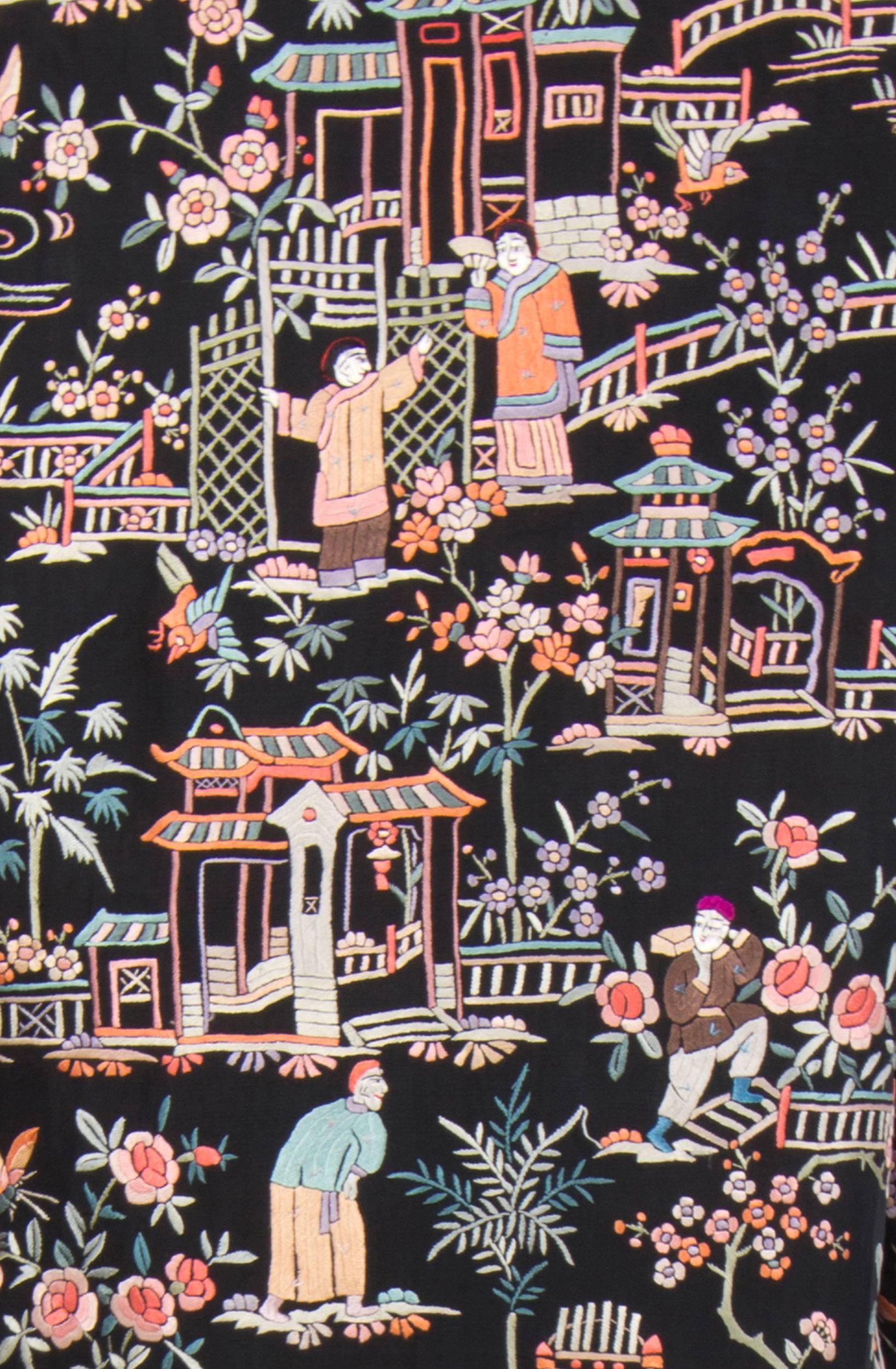 1940's Black Silk Jacket with Chinese Garden Scene Embroidery For Sale 2