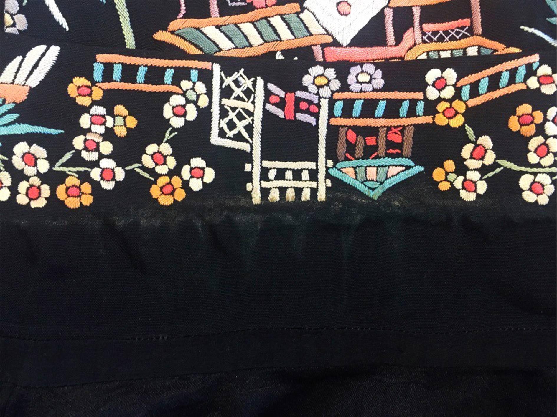 1940's Black Silk Jacket with Chinese Garden Scene Embroidery For Sale 3