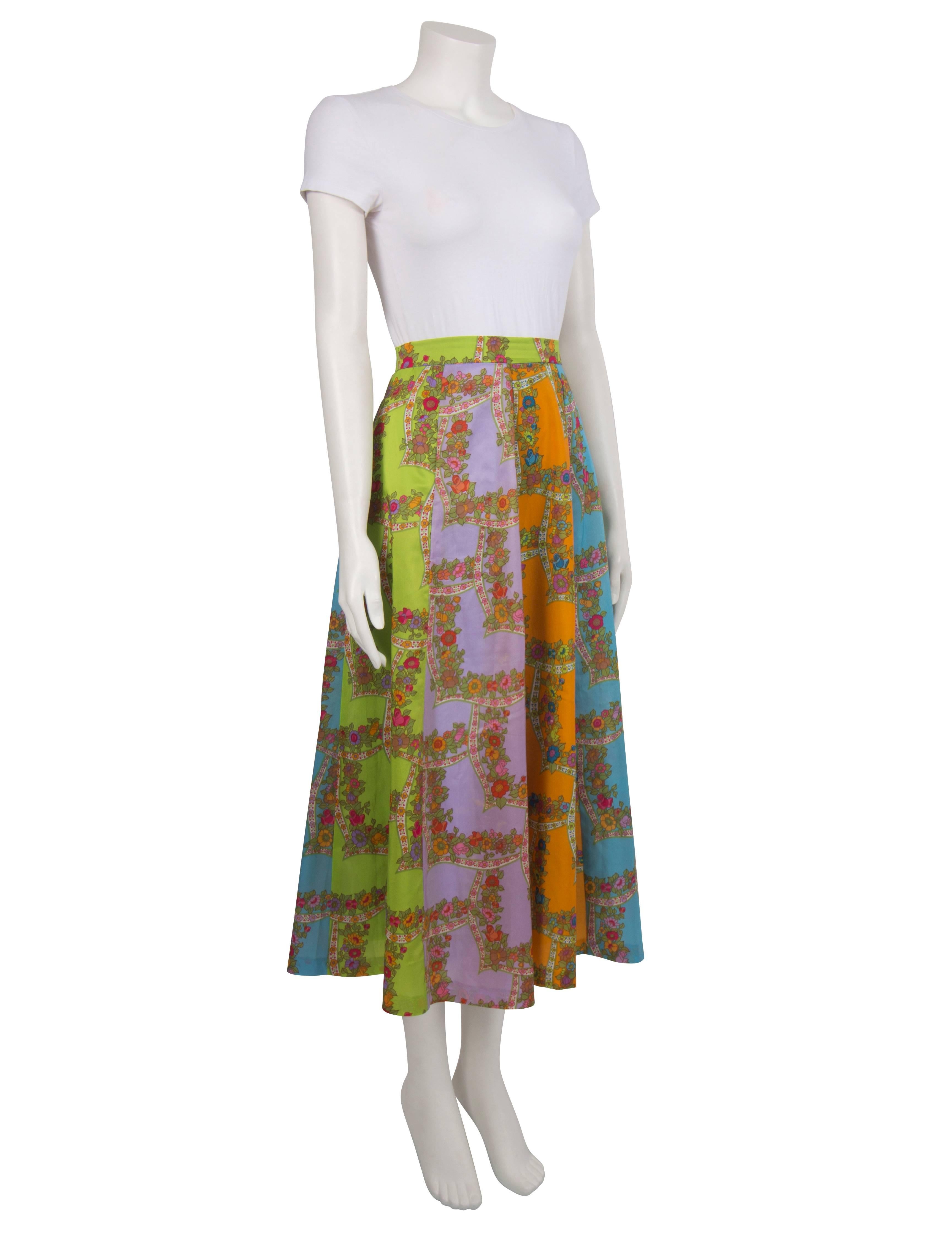 Women's 1970's Bright Green Lilac and Orange Floral Grid Silky Circle Skirt For Sale