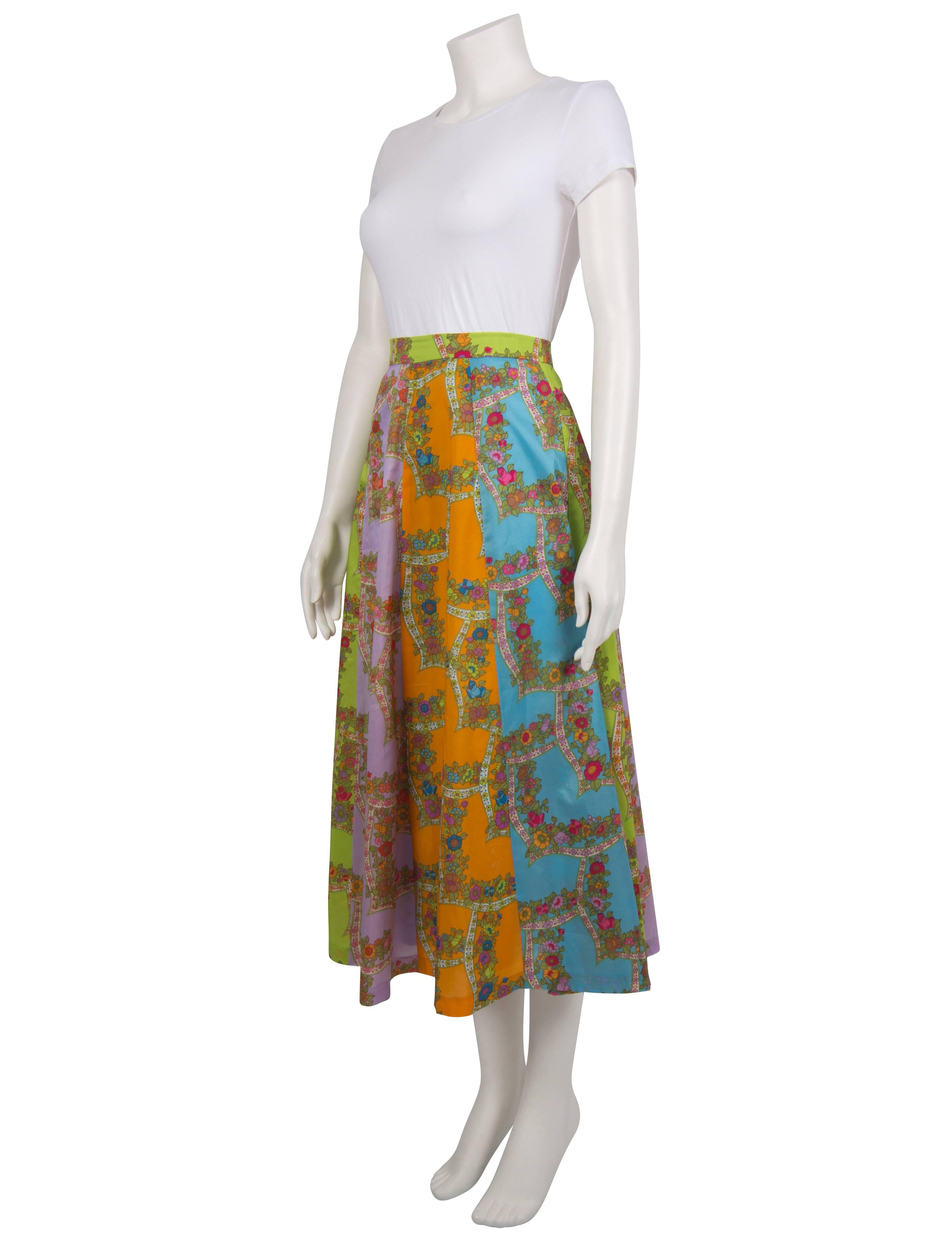 1970's Bright Green Lilac and Orange Floral Grid Silky Circle Skirt For Sale 1