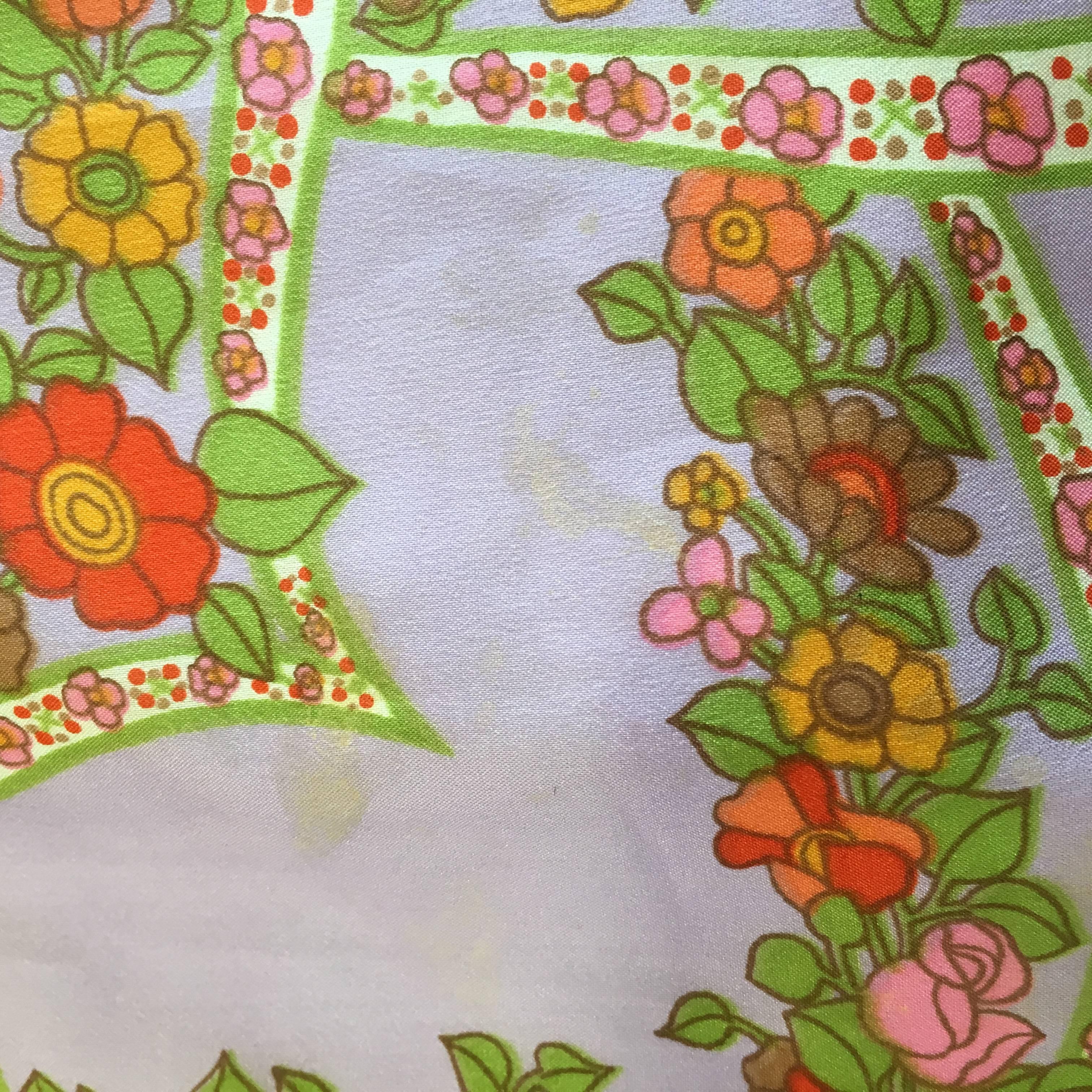 1970's Bright Green Lilac and Orange Floral Grid Silky Circle Skirt For Sale 3