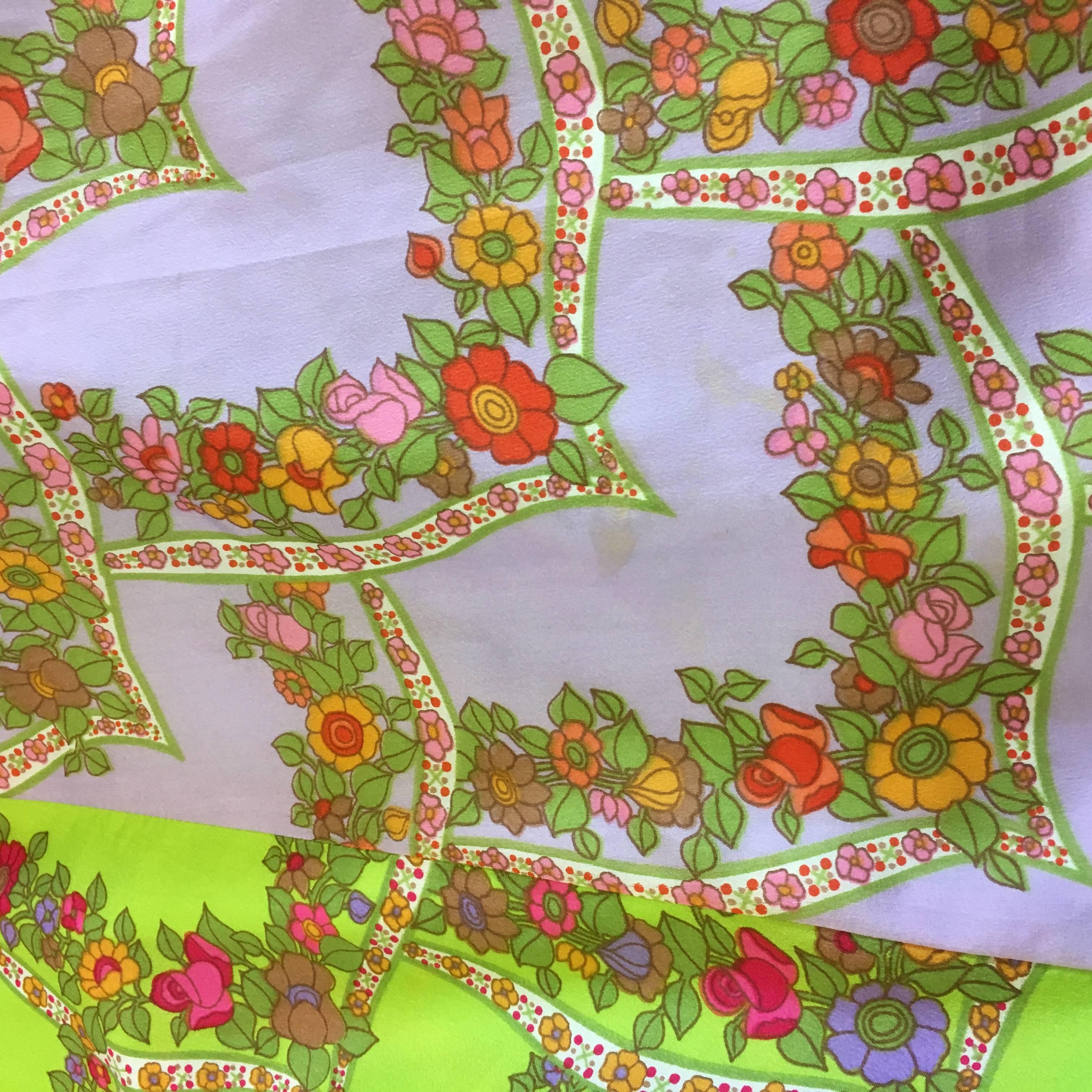 1970's Bright Green Lilac and Orange Floral Grid Silky Circle Skirt For Sale 4