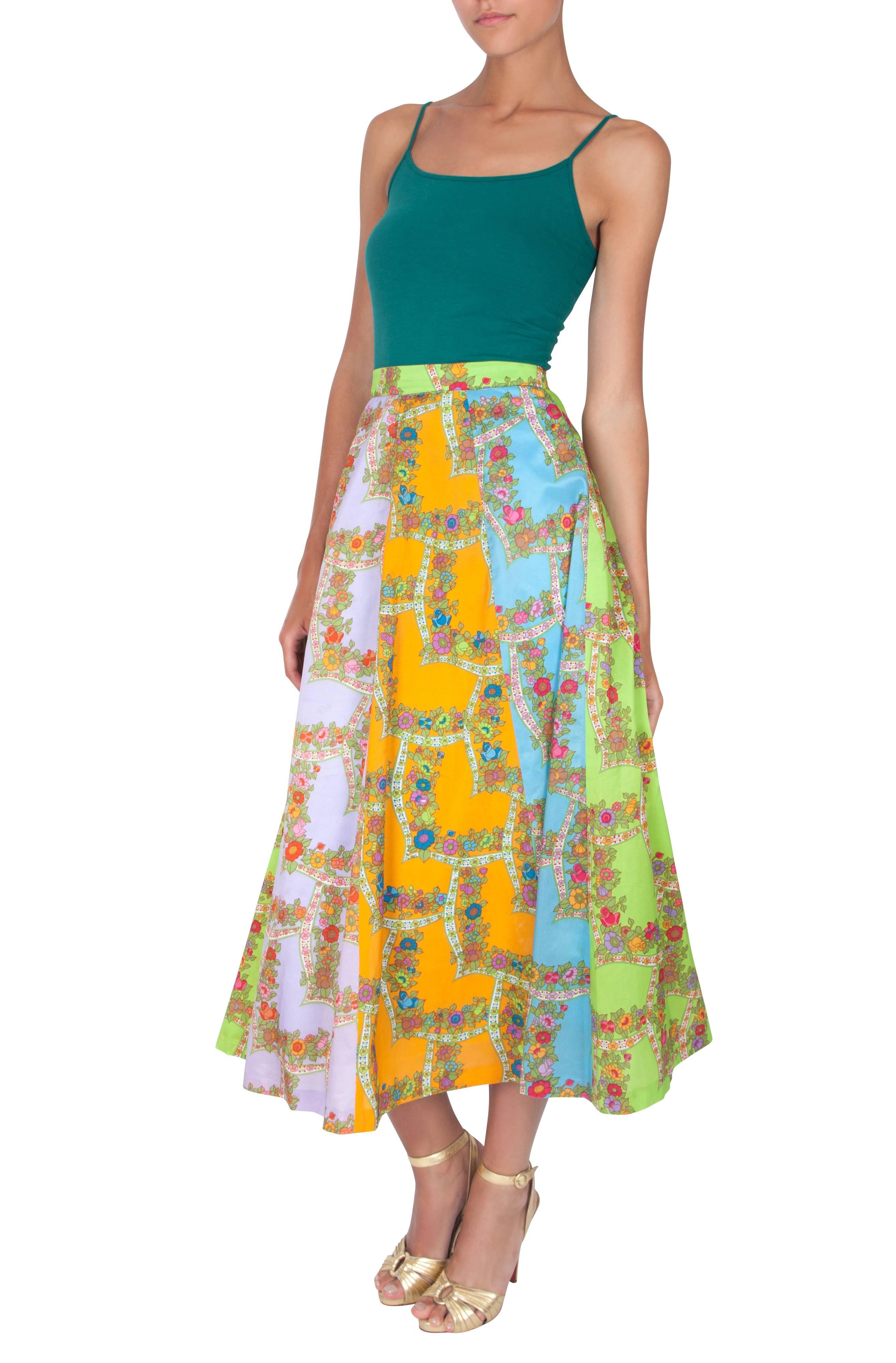 1970's Bright Green Lilac and Orange Floral Grid Silky Circle Skirt In Excellent Condition For Sale In London, GB