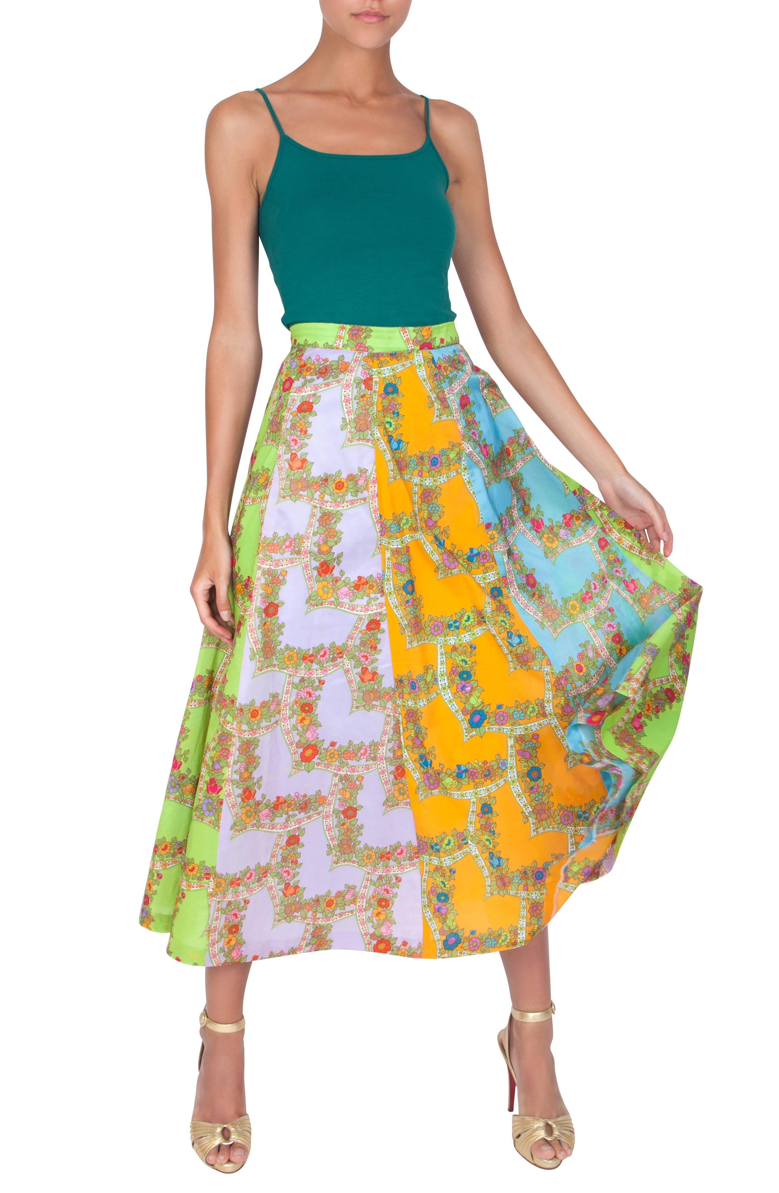 Brown 1970's Bright Green Lilac and Orange Floral Grid Silky Circle Skirt For Sale