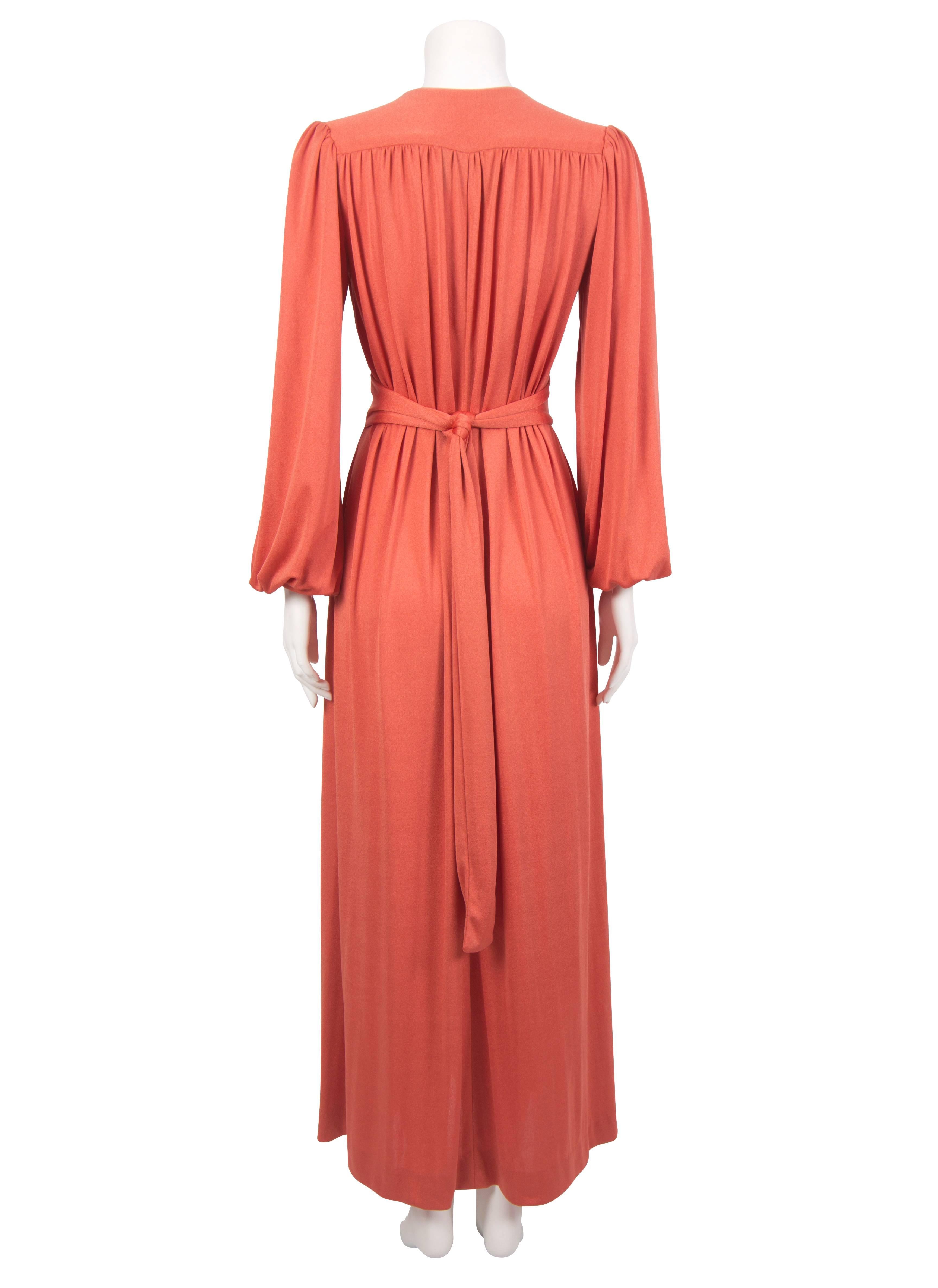 1970's Joy Stevens Orange Slinky Dress with Poet Sleeves In Excellent Condition In London, GB