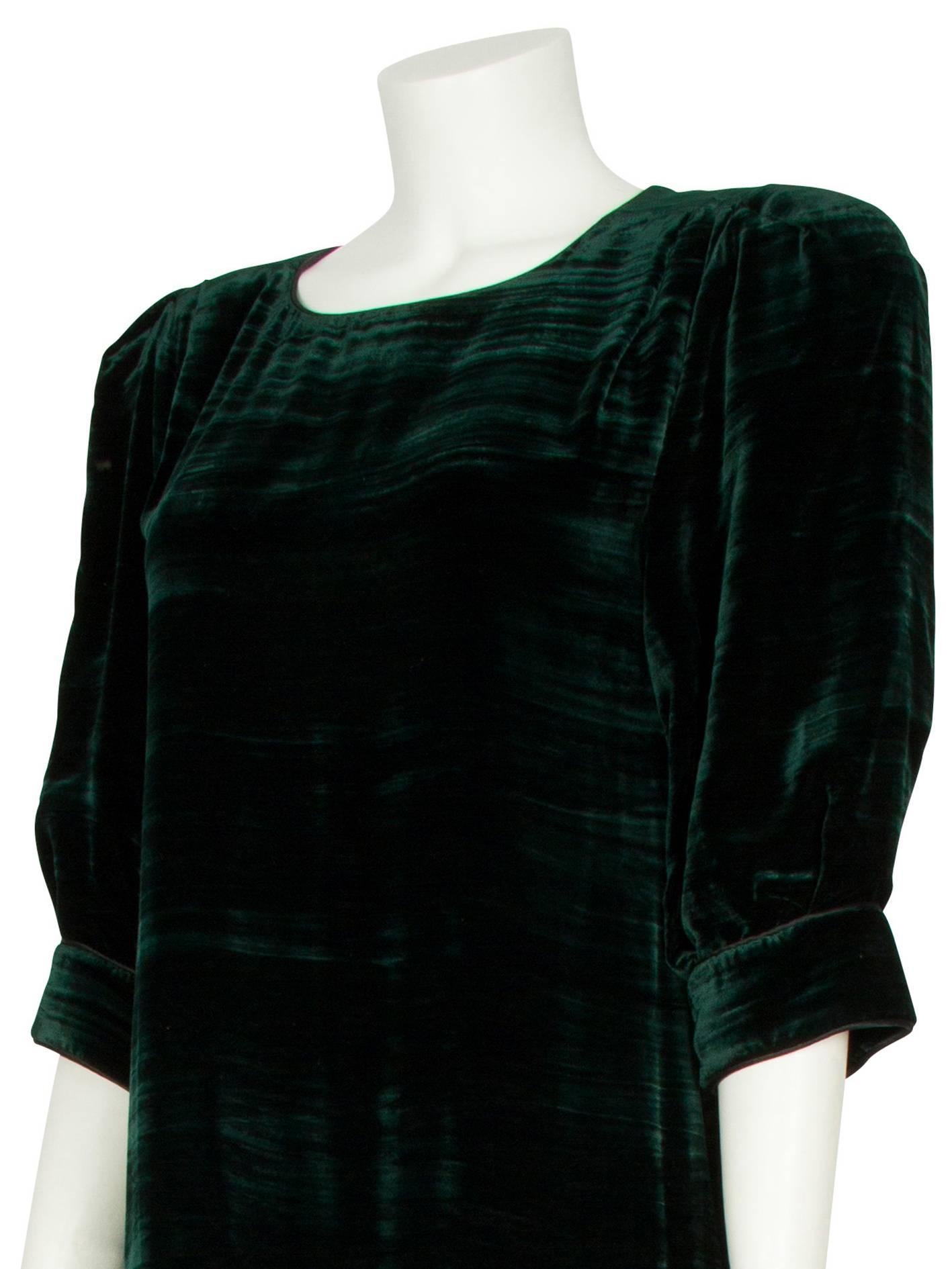 1980s Anouska Hempel Forest Green Velvet Dropped-Waist Dress with Puffed Sleeves For Sale 1