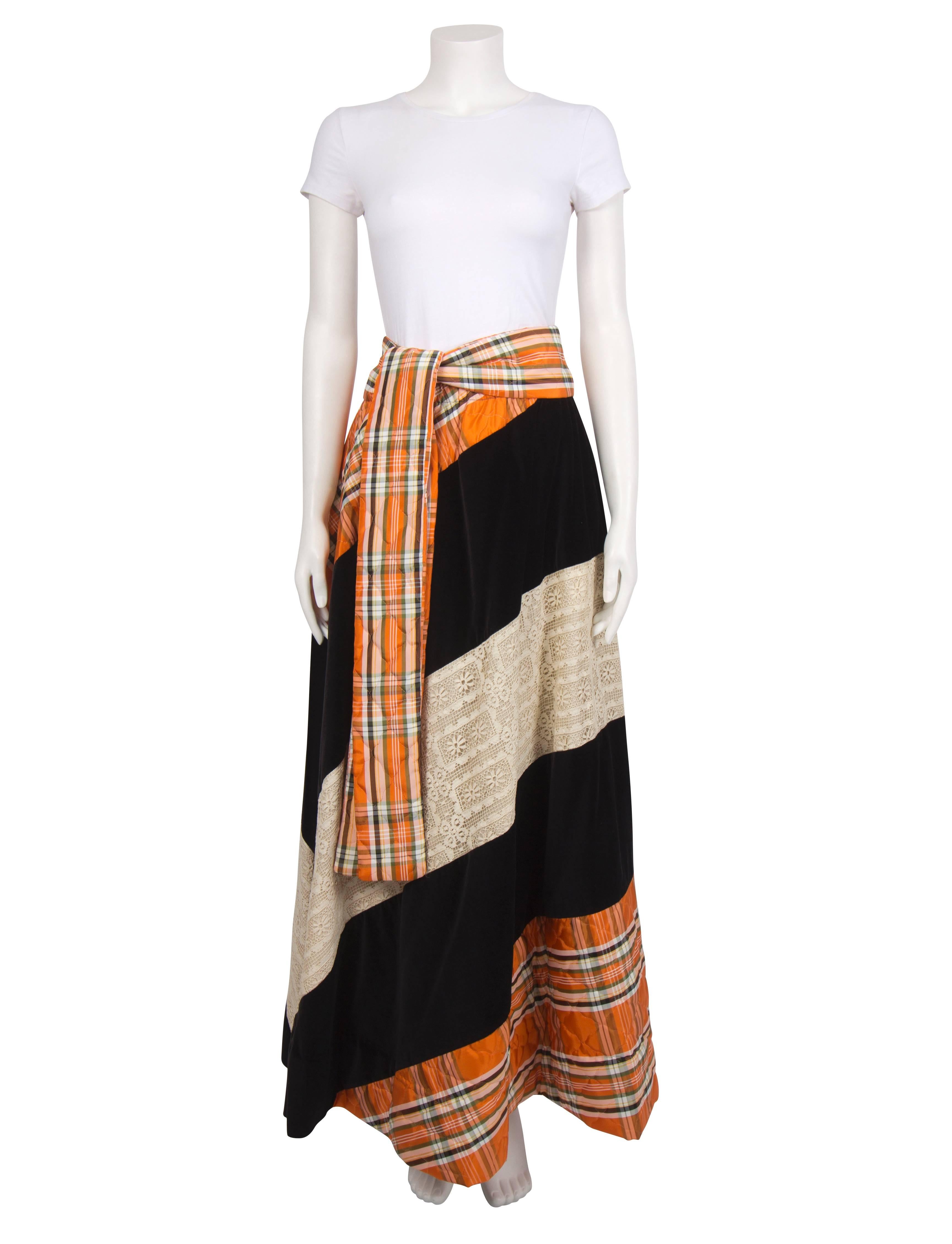1970's Chessa Davis Black Velvet Lace & Orange Plaid Maxi Skirt In Excellent Condition In London, GB