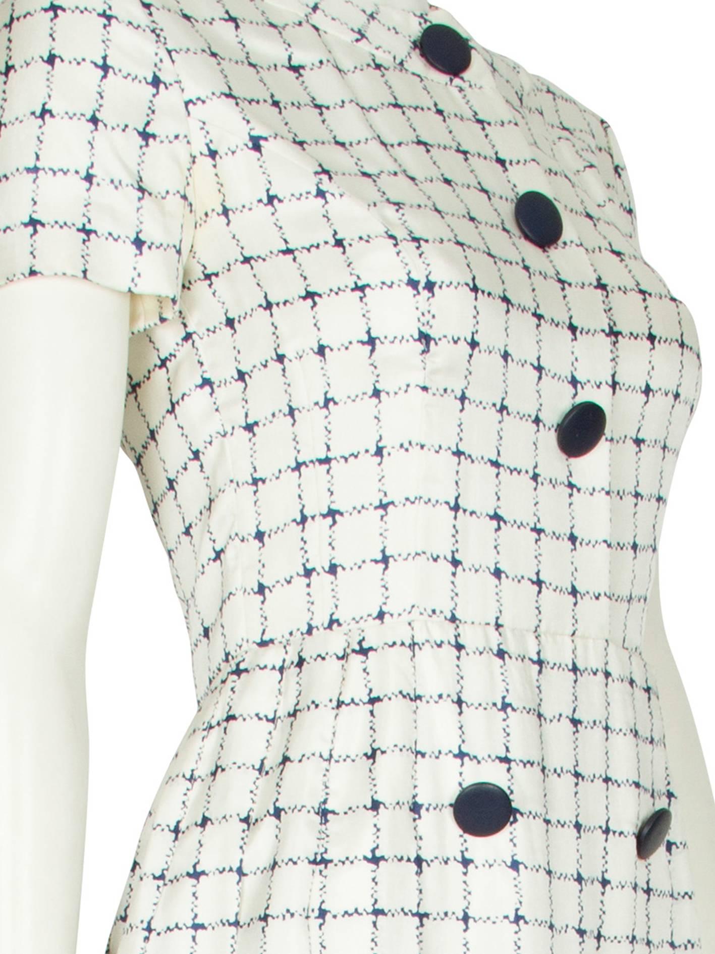 1960's Harald Ivory Silk Dress with Navy Checked Print For Sale 3