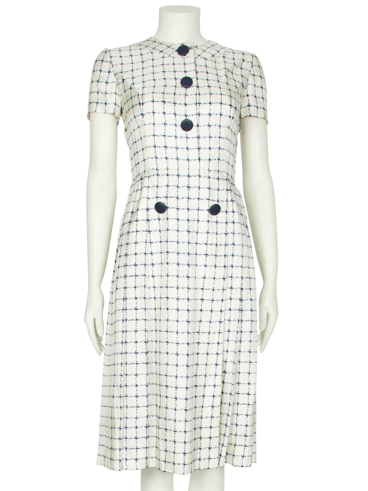 Gray 1960's Harald Ivory Silk Dress with Navy Checked Print For Sale