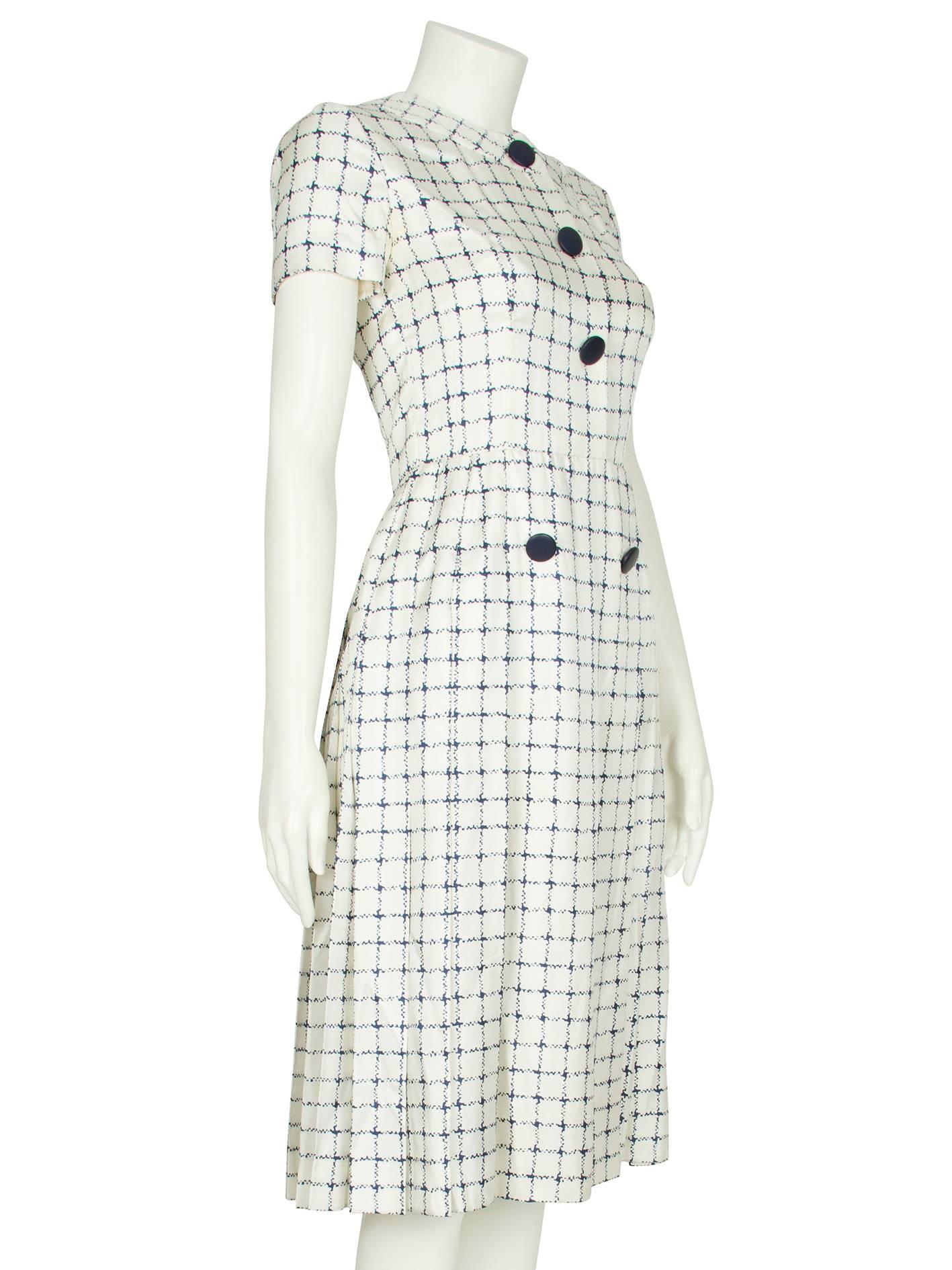 1960's Harald Ivory Silk Dress with Navy Checked Print In Excellent Condition For Sale In London, GB