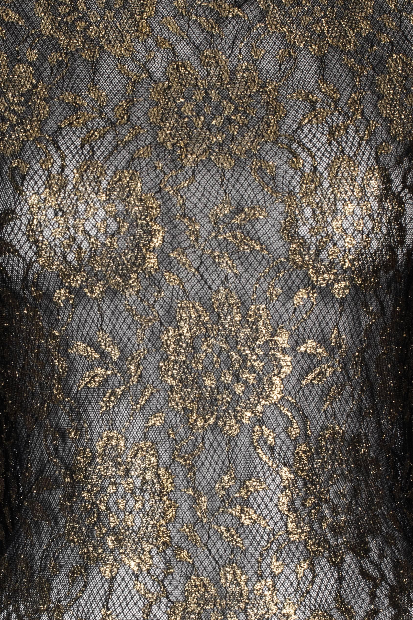 1960's Arnold Scaasi Couture Black & Gold Metallic Lace Gown For Sale 4