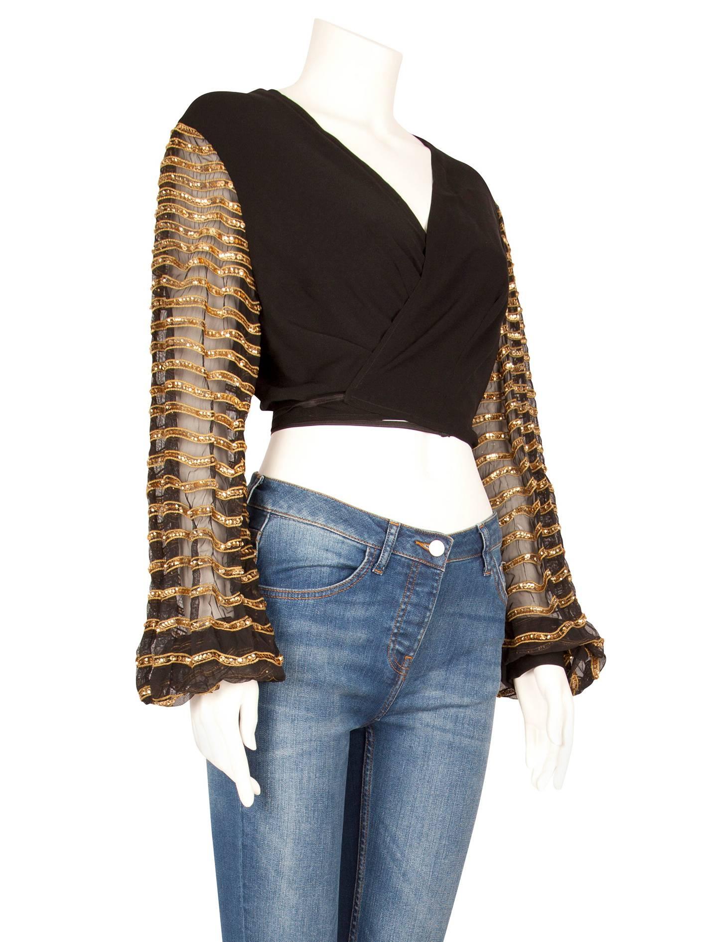 Women's 1940's Rayon Wrap Around Top with Golden Sequinned Sleeves For Sale