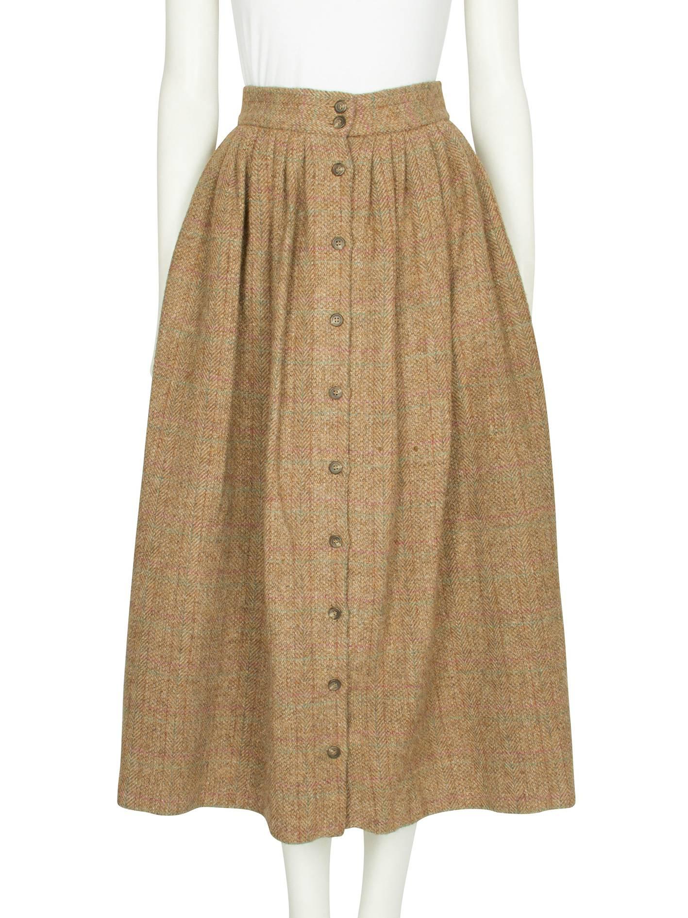 1980s Ralph Lauren Pale Brown Tweed Buttoned Down Skirt For Sale 1